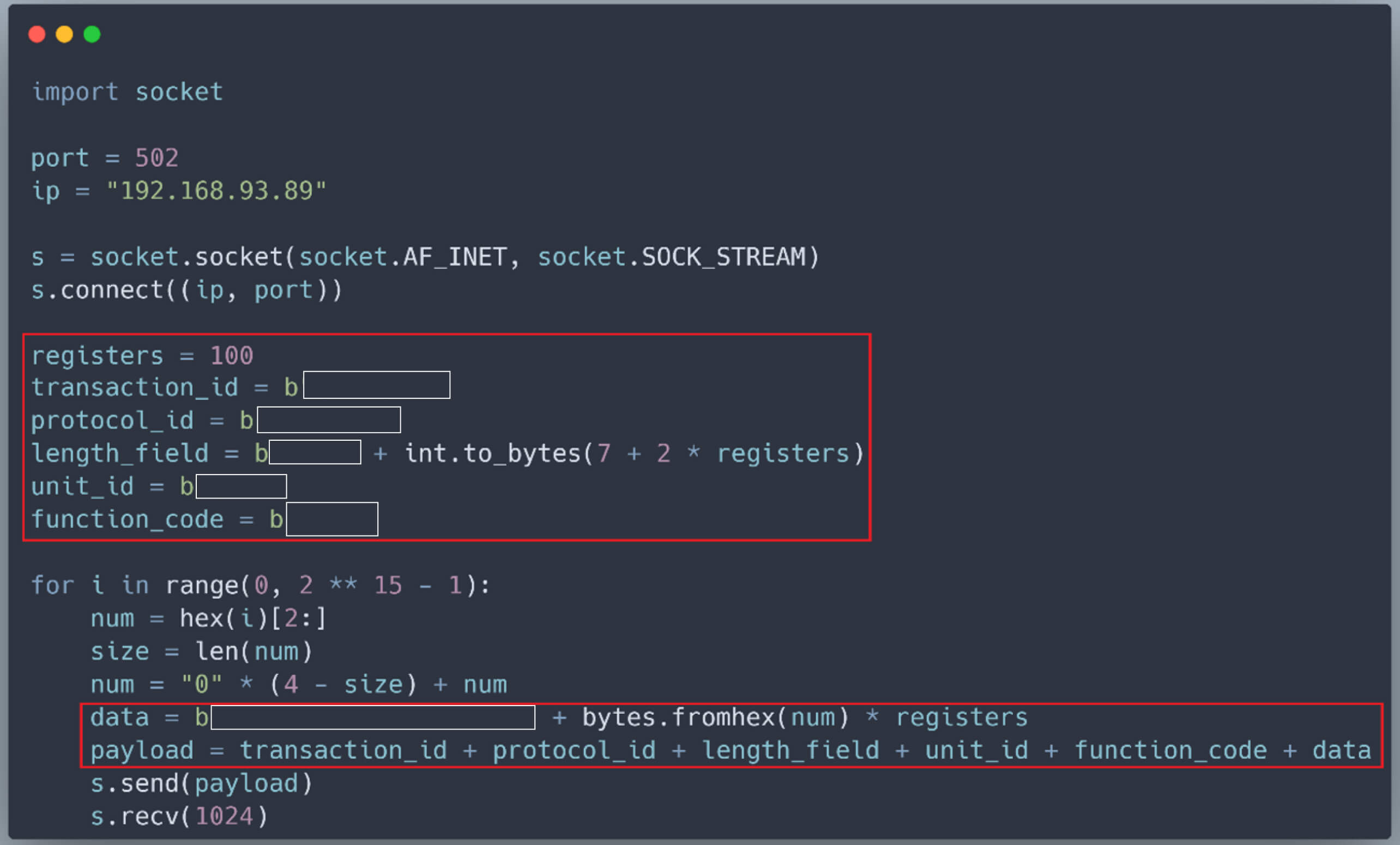 برنامج Python النصي الذي يعرض إنشاء حمولة Modbus TCP لكتابة سجلات متعددة