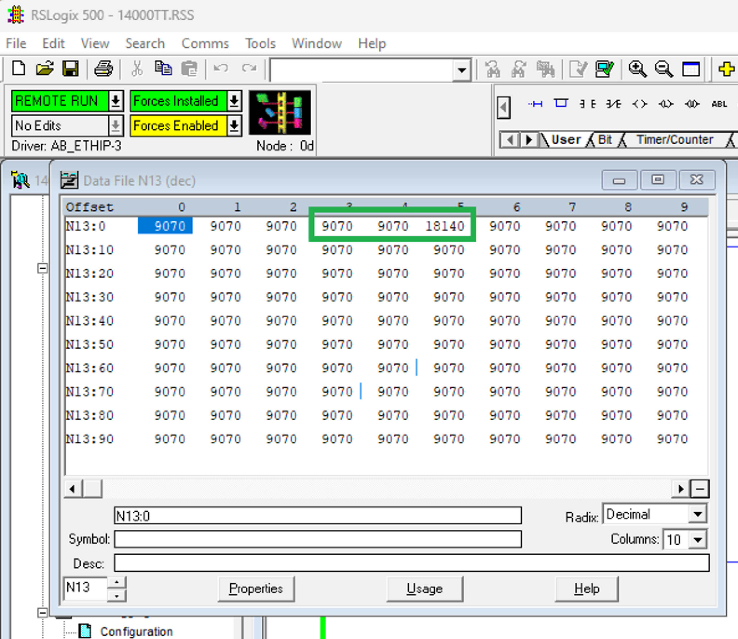 لقطة شاشة لملف بيانات RSLogix 500 تُظهر قيم بيانات N13 بتنسيق عشري