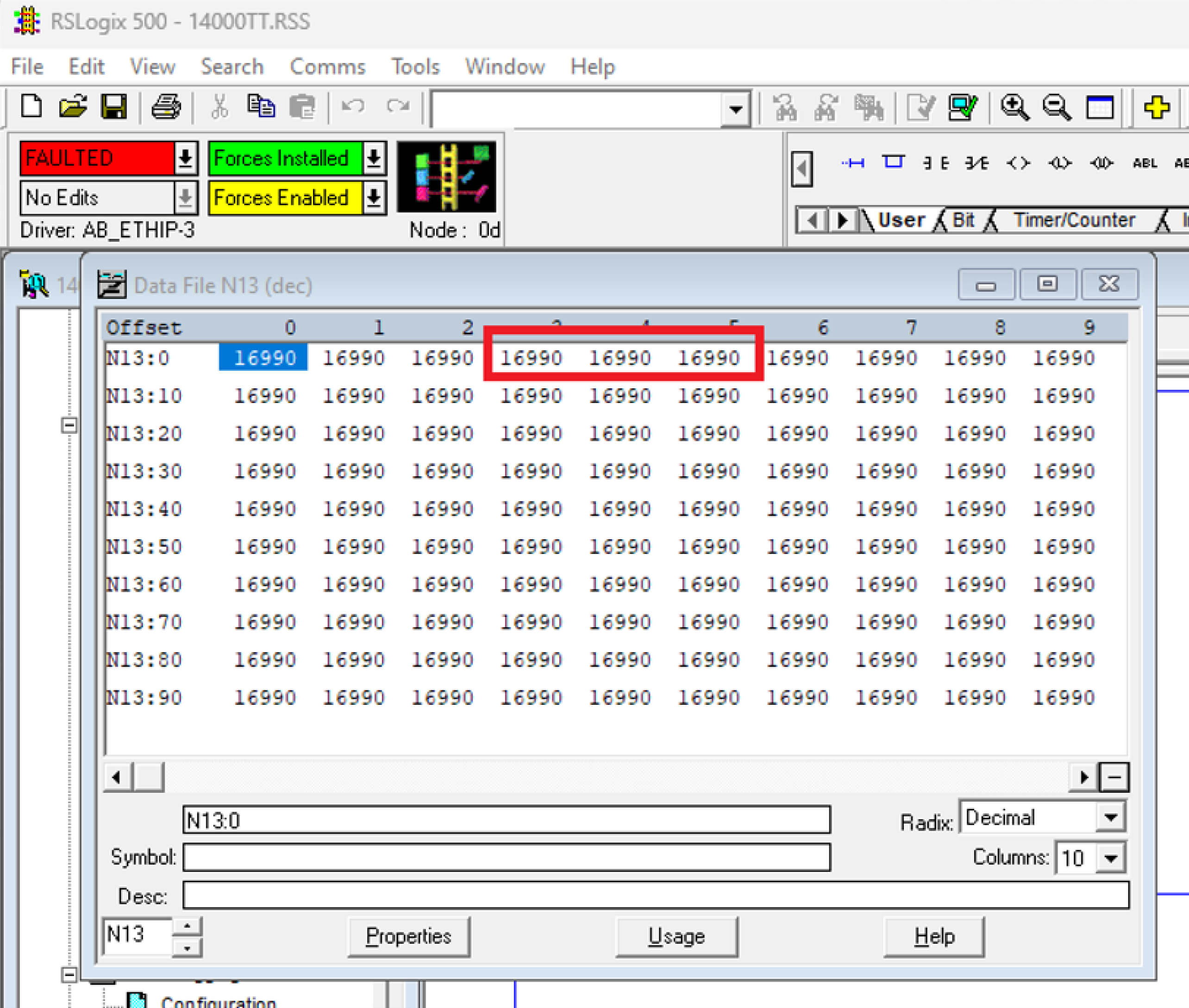 يعرض RSLogix 500 حالة خطأ وقيم بيانات لعناوين N13
