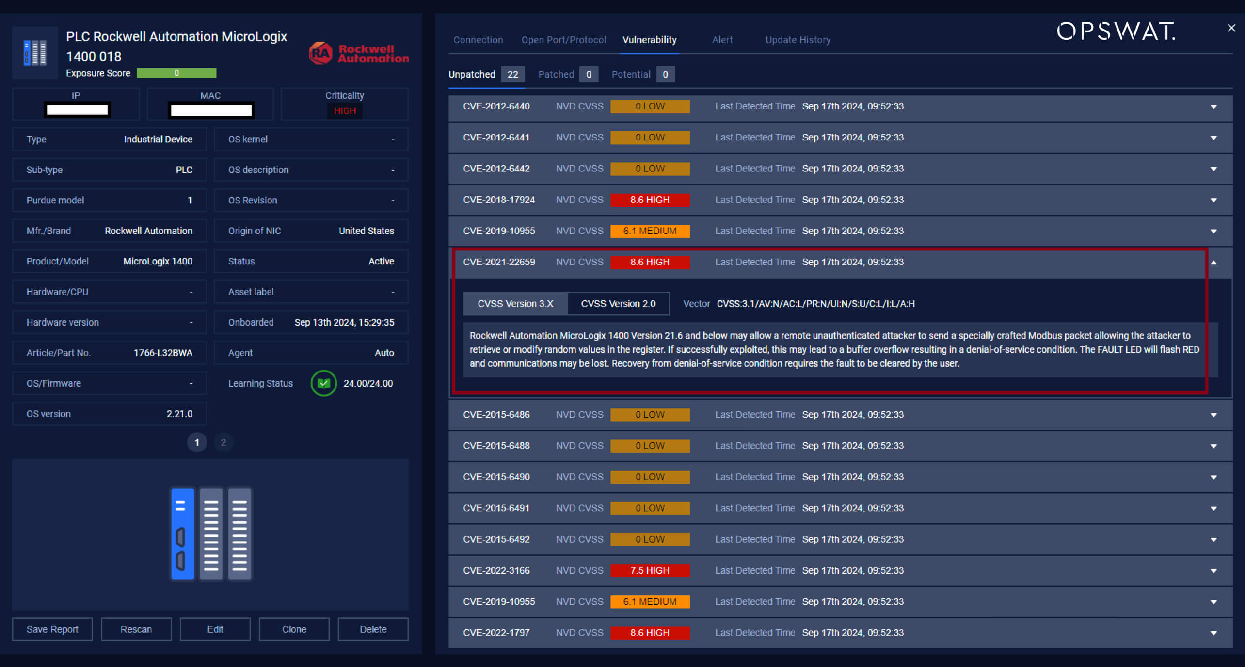 لقطة شاشة للوحة معلومات عن الثغرات الأمنية في جهاز التحكم المنطقي القابل للبرمجة (PLC) تظهر تفاصيل مكافحة التطرف العنيف والثغرات الأمنية الحرجة في Rockwell Automation MicroLogix