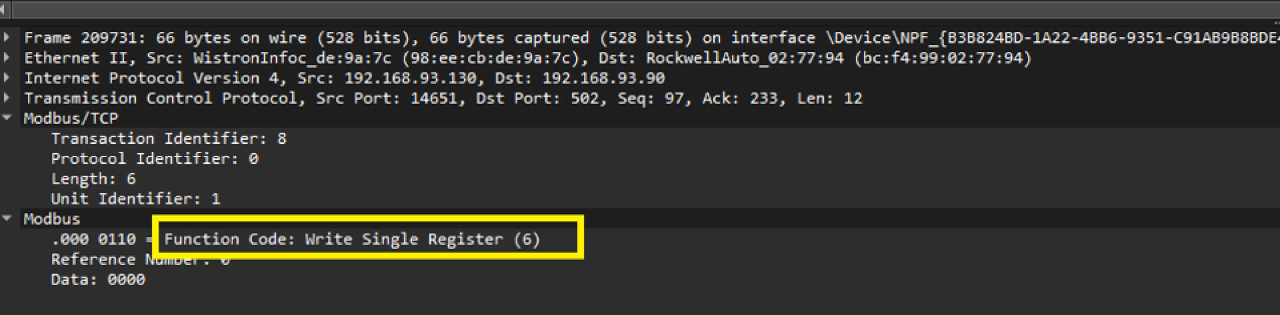 التقاط حزمة تظهر معاملة مودبوس مع رمز دالة لكتابة سجل واحد