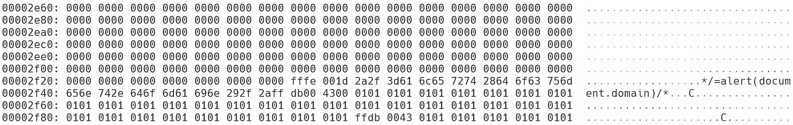 Hexadecimal values of the modified image, showing an alert comment addition
