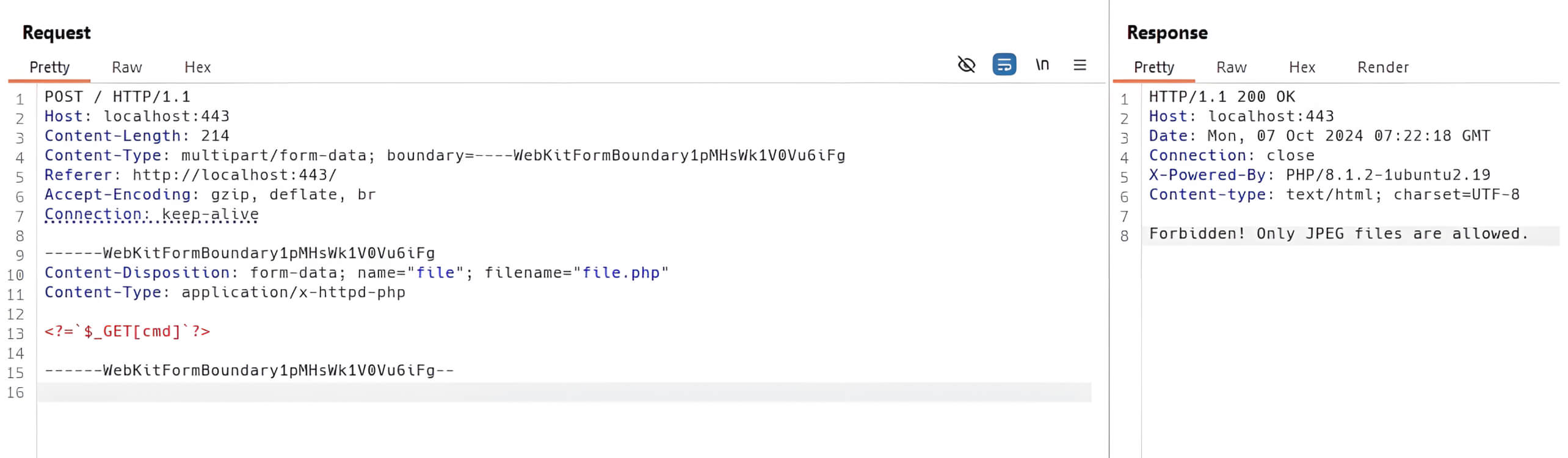 Request-response showing rejection of a malicious web shell due to MIME type restrictions
