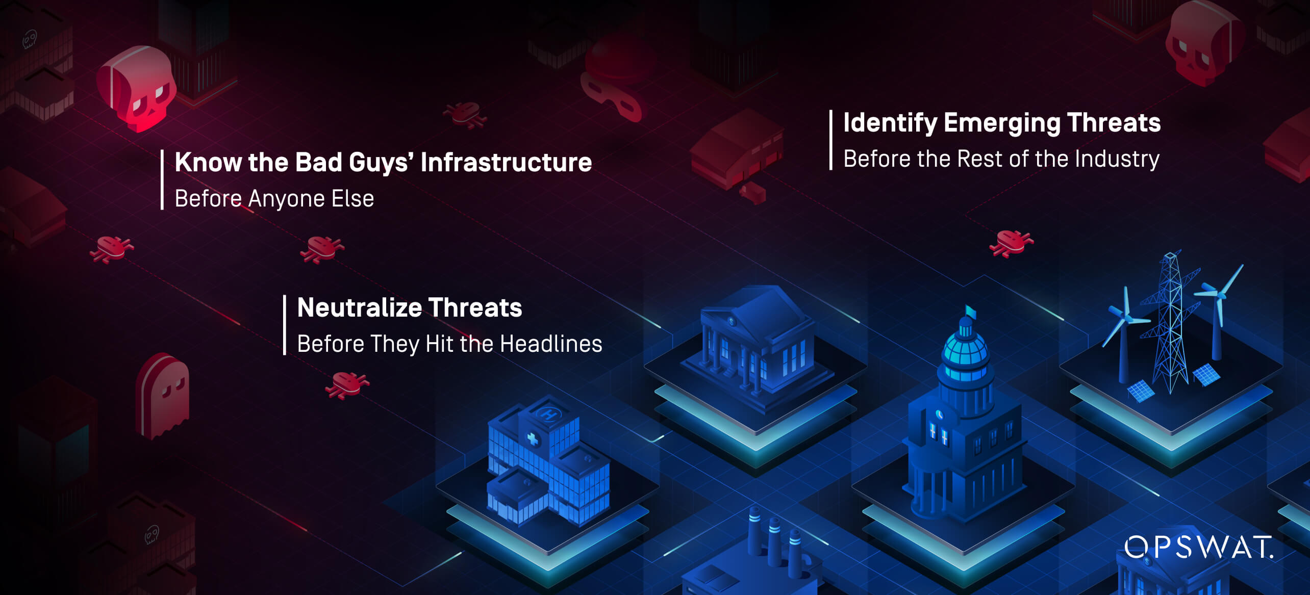 Dark-themed OPSWAT graphic highlighting cyber threat monitoring: "Know the Bad Guys' Infrastructure, Neutralize Threats, and Identify Emerging Threats"