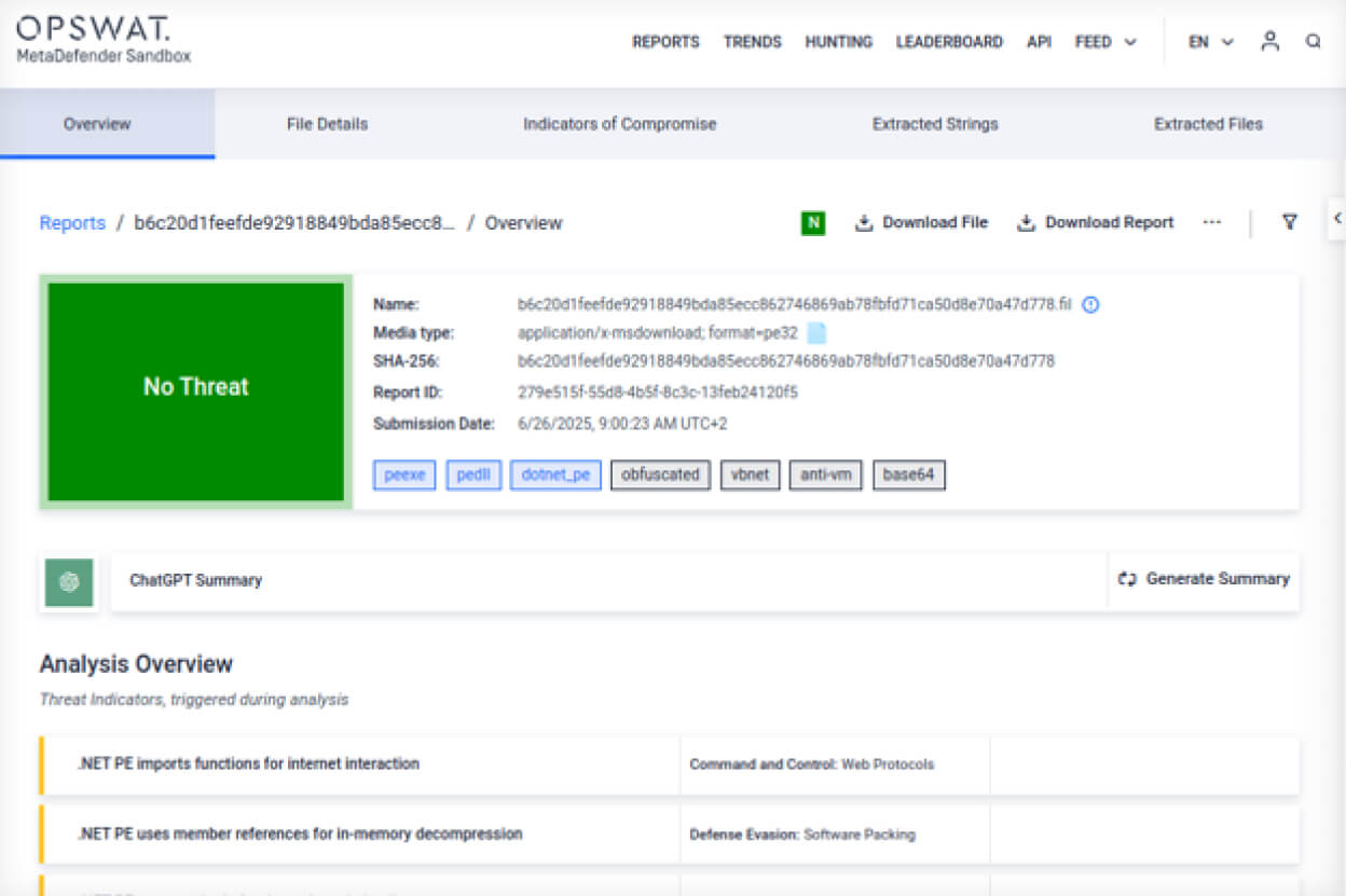 MetaDefender Sandbox UI showing file analysis report for SolarWinds supply chain attack prevention detection