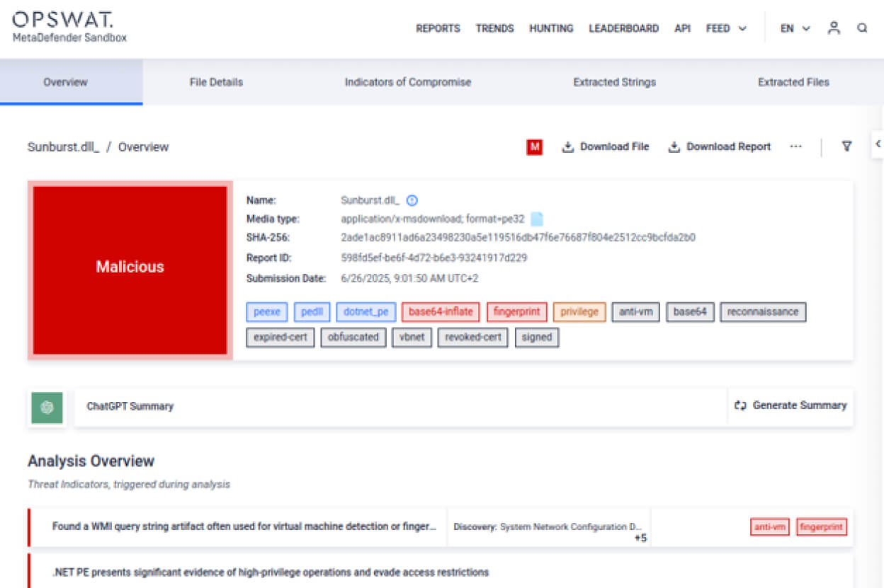 MetaDefender Sandbox UI showing detection of Sunburst.dll as malicious, illustrating SolarWinds supply chain attack prevention