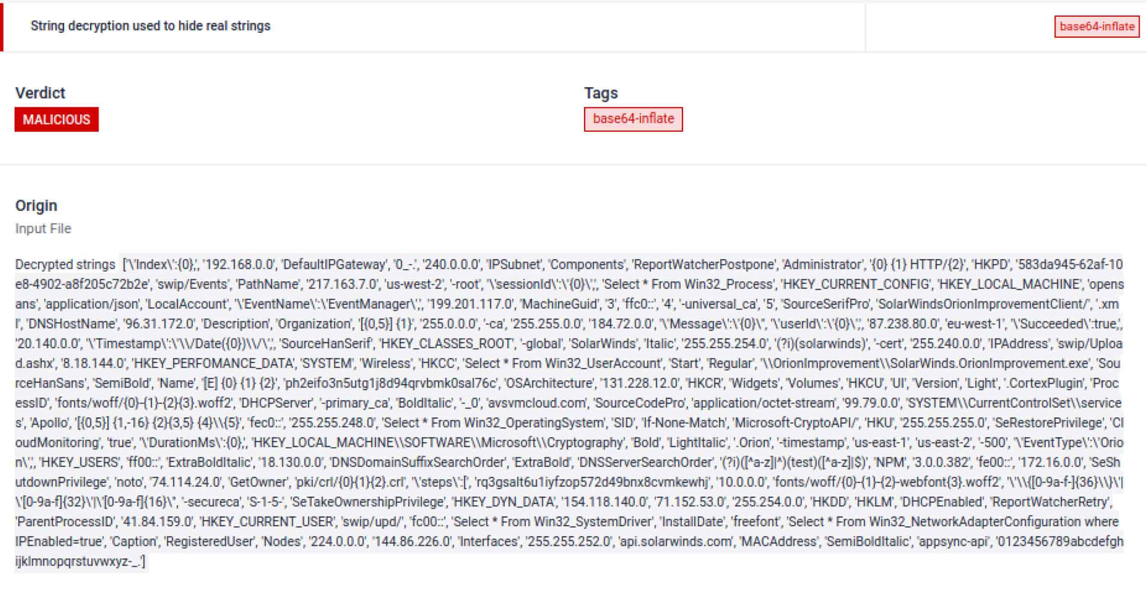 MetaDefender Sandbox UI showing detection of malicious strings linked to SolarWinds supply chain attack prevention