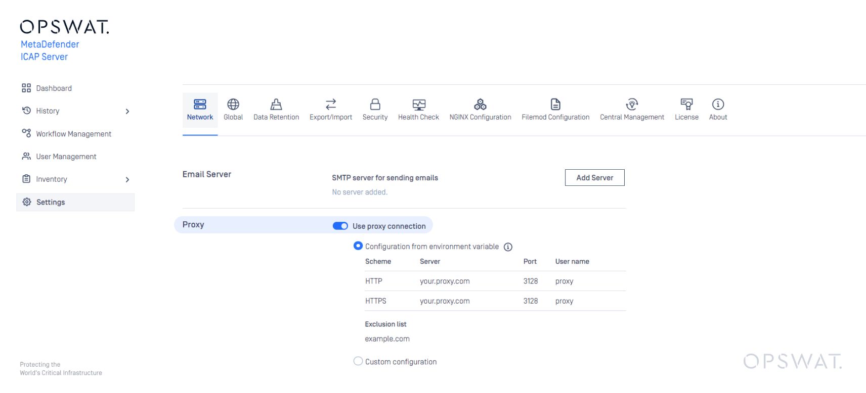 ICAP Server 設定のスクリーンショット(プロキシ設定とEメールサーバー設定を示す