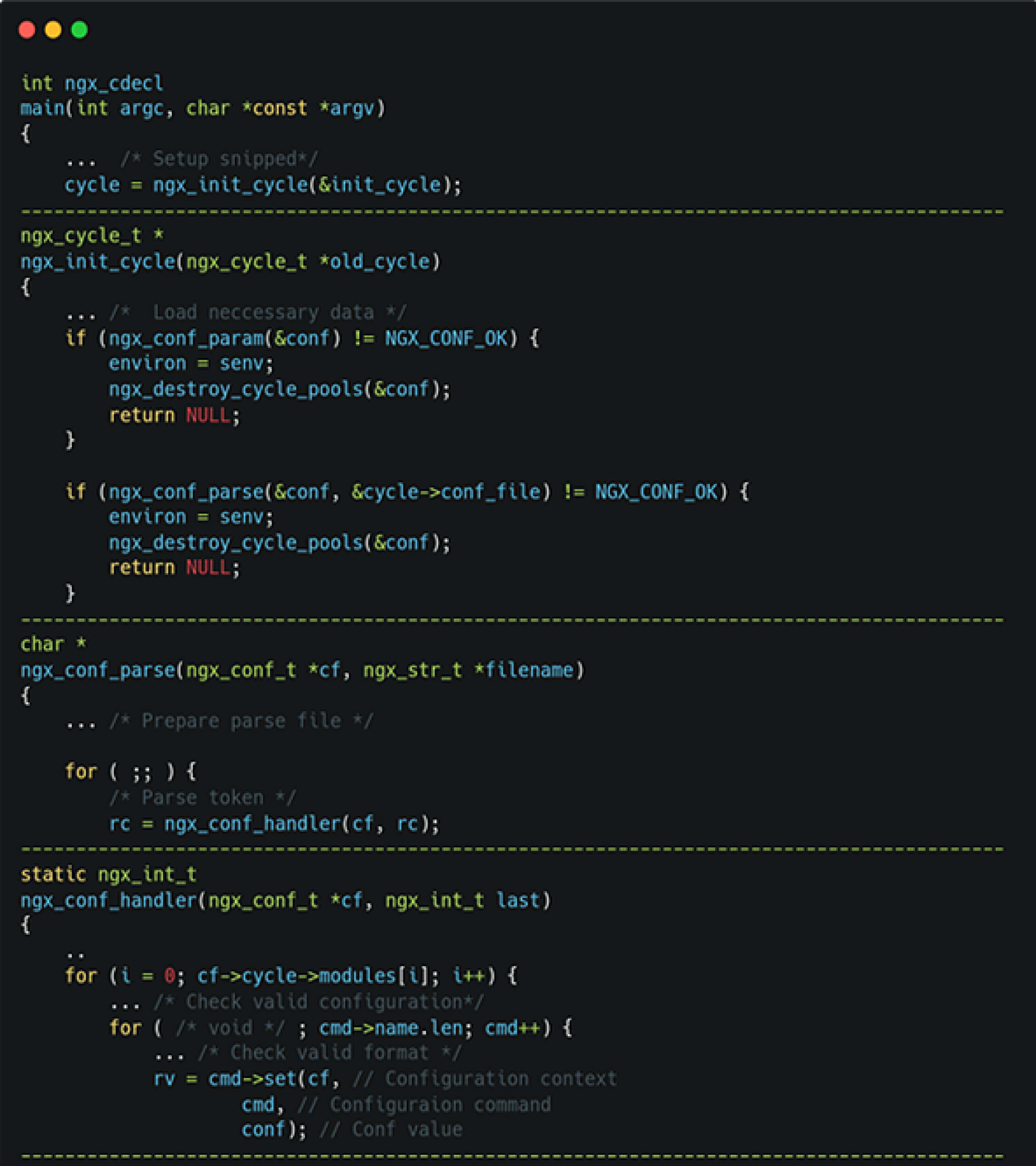 顯示 NGINX 配置解析的 C 程式碼片段,與 CVE-2025-1974 (IngressNightmare) ssl_engine 指令相關