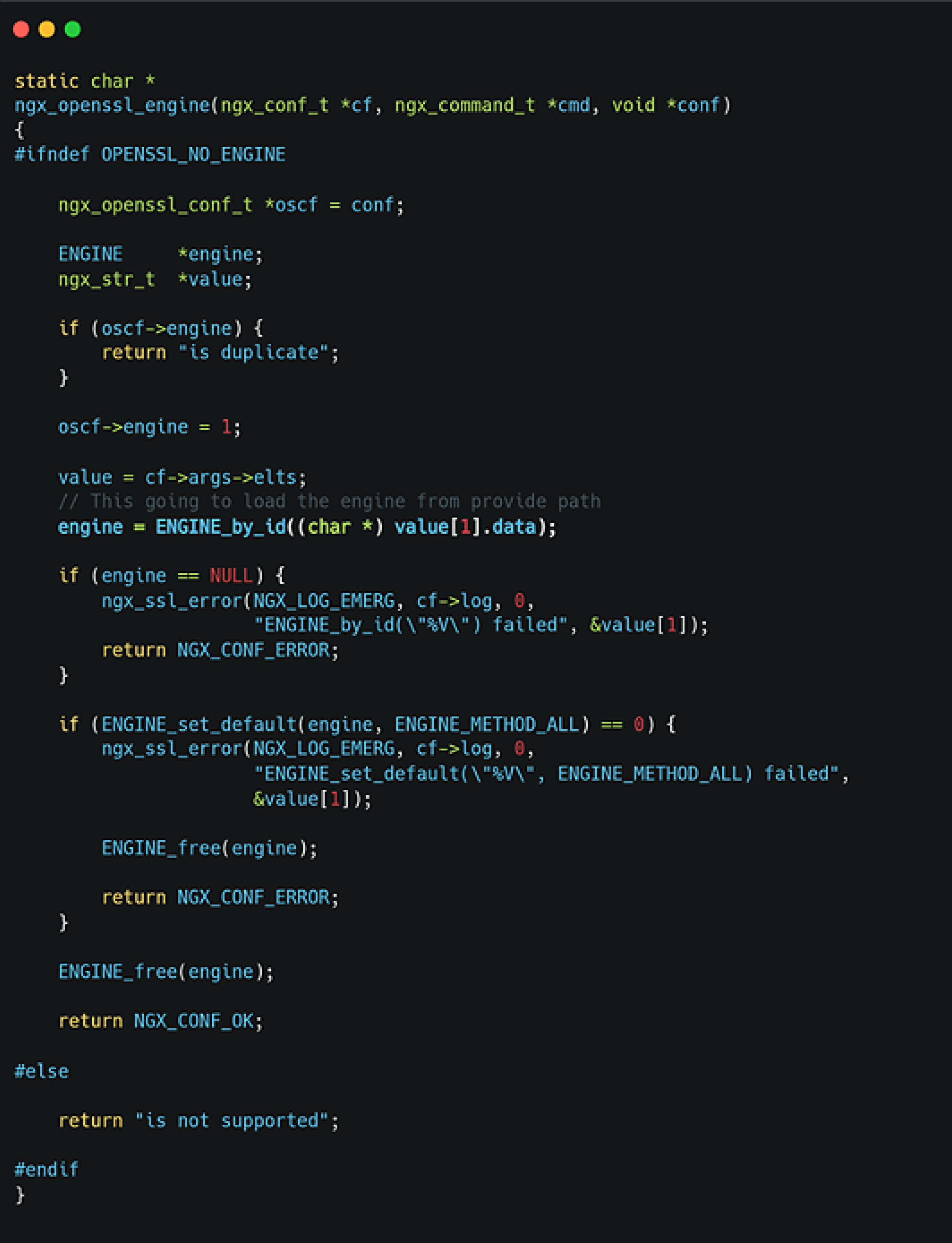 顯示與 CVE-2025-1974 (IngressNightmare) 分析相關的 ssl_engine 指令邏輯的 C 程式碼片段