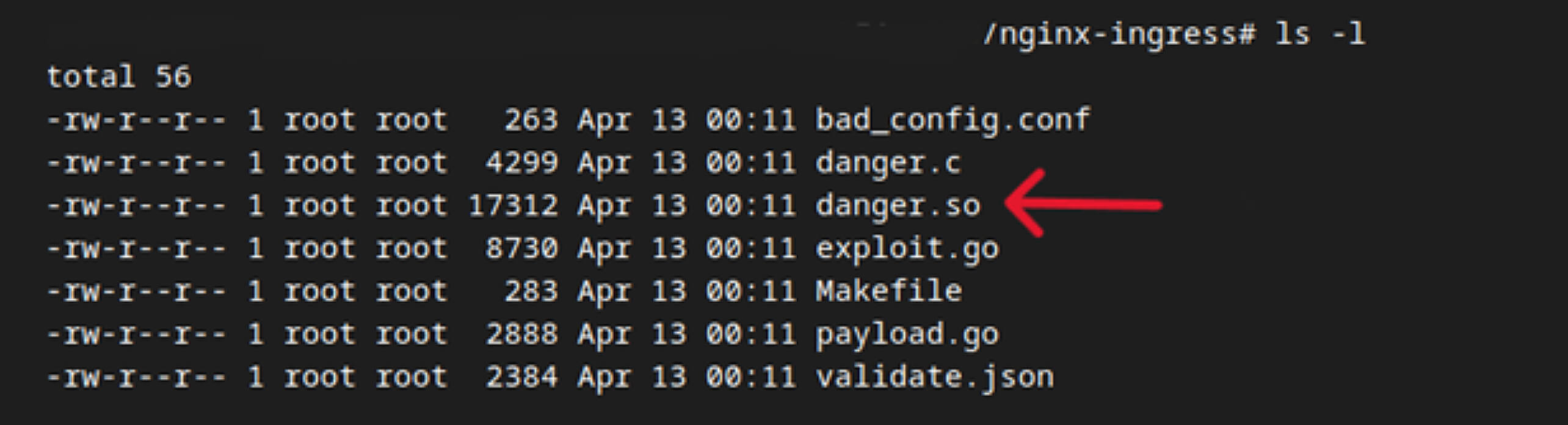 終端機列單顯示 CVE-2025-1974 (IngressNightmare) 有效載荷建立的 danger.so 共用函式庫