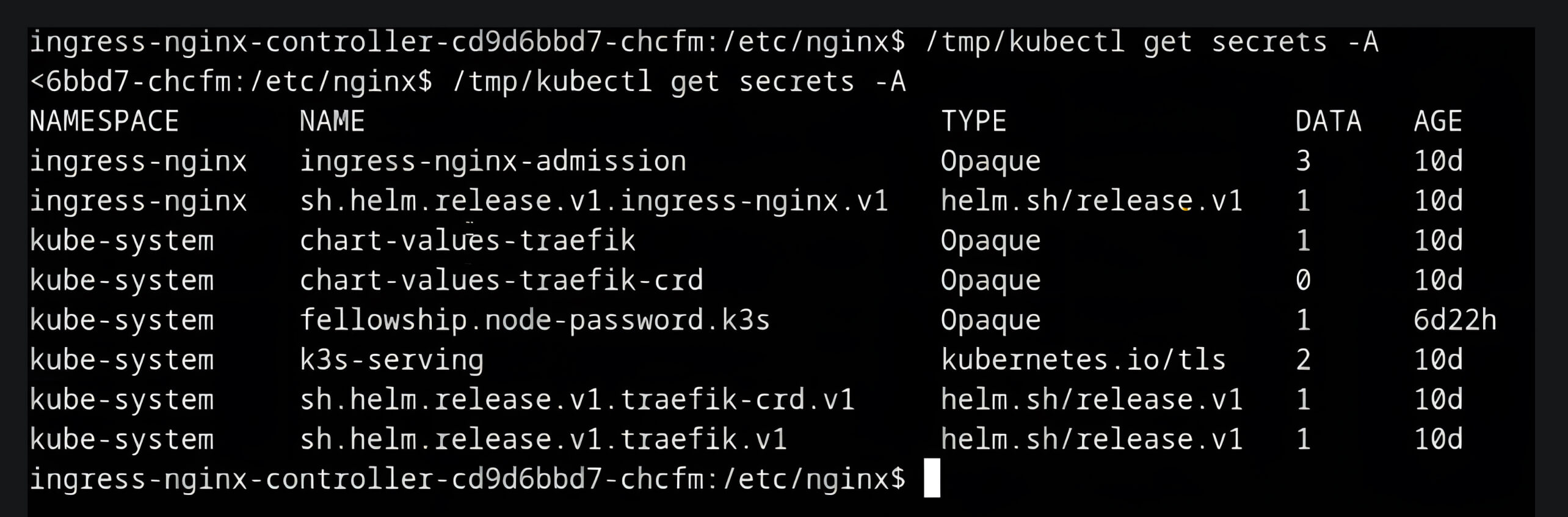 顯示 kubectl get secrets -A 指令的終端機輸出,與 CVE-2025-1974 (IngressNightmare) 相關