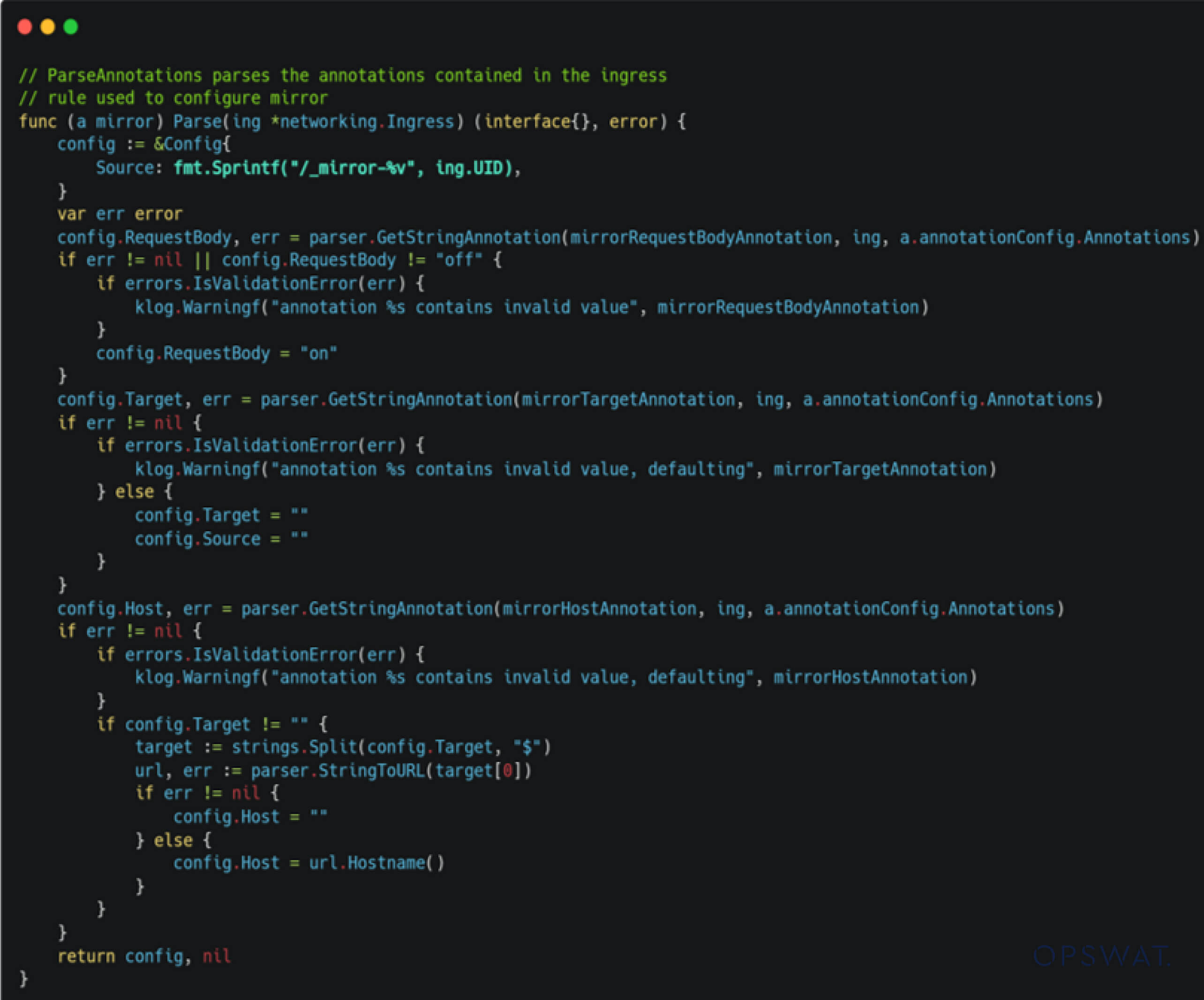 顯示與 CVE-2025-1974 (IngressNightmare) 模板注入相關的注解解析邏輯的 Go 程式碼片段