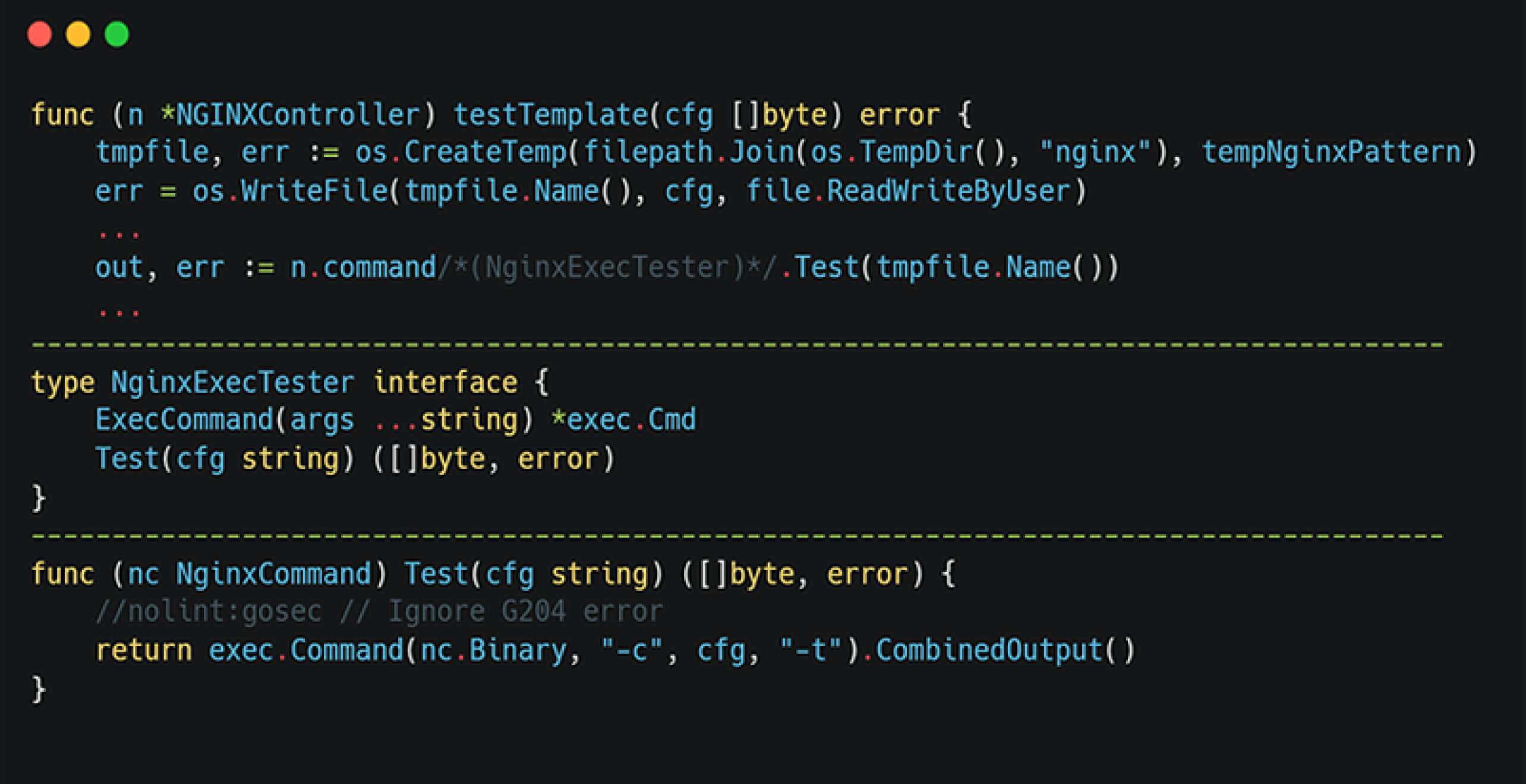 與 CVE-2025-1974 (IngressNightmare) 漏洞相關的 testTemplate() 函式和介面的 Go 程式碼