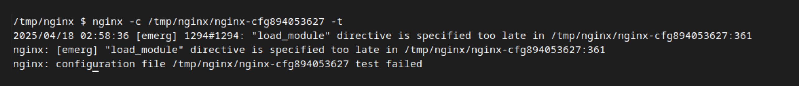 終端機輸出顯示與 CVE-2025-1974 (IngressNightmare) load_module 錯誤相關的 nginx 配置測試失敗