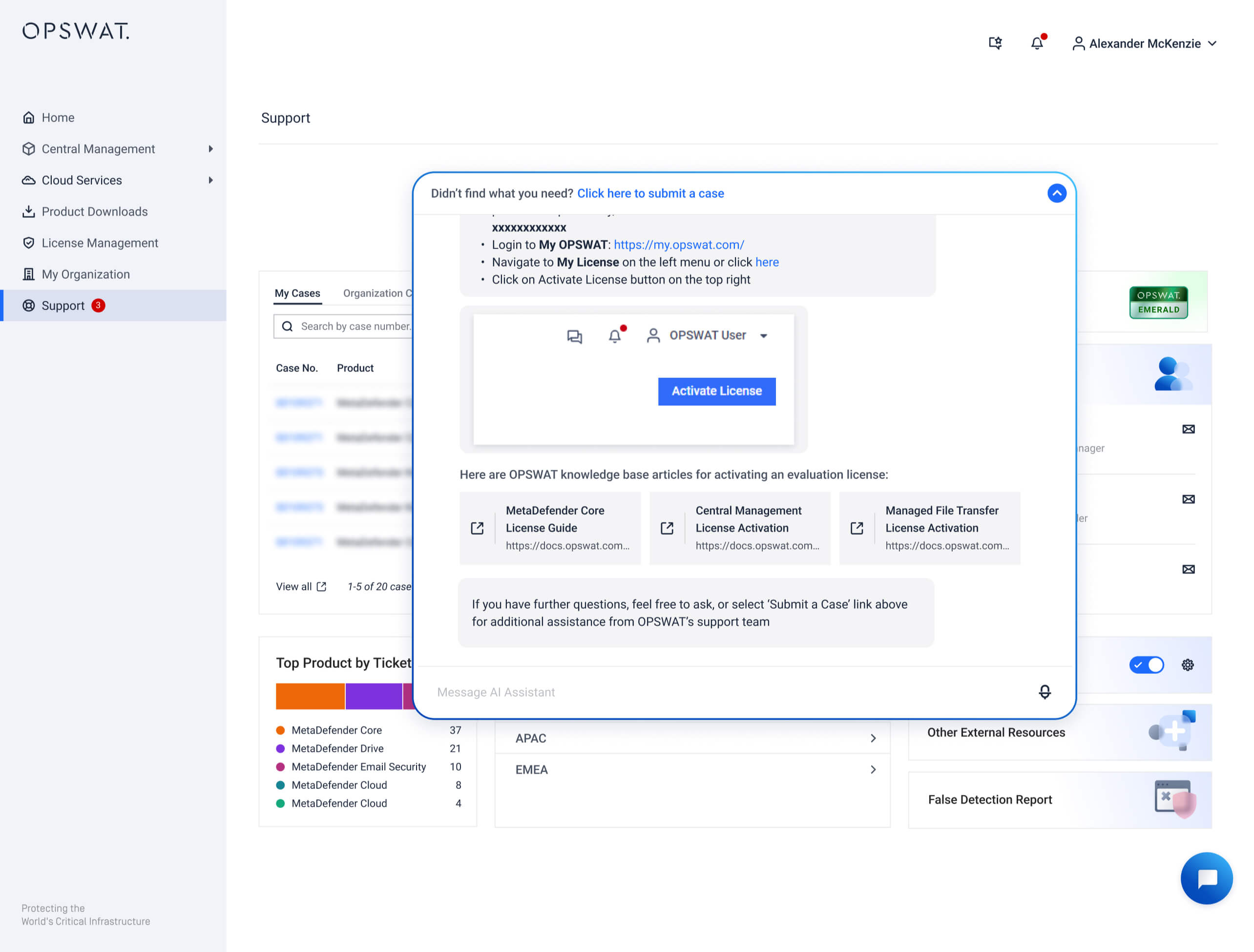 Interaktives Popup-Fenster, das die Benutzer bei der Aktivierung von Testlizenzen anleitet