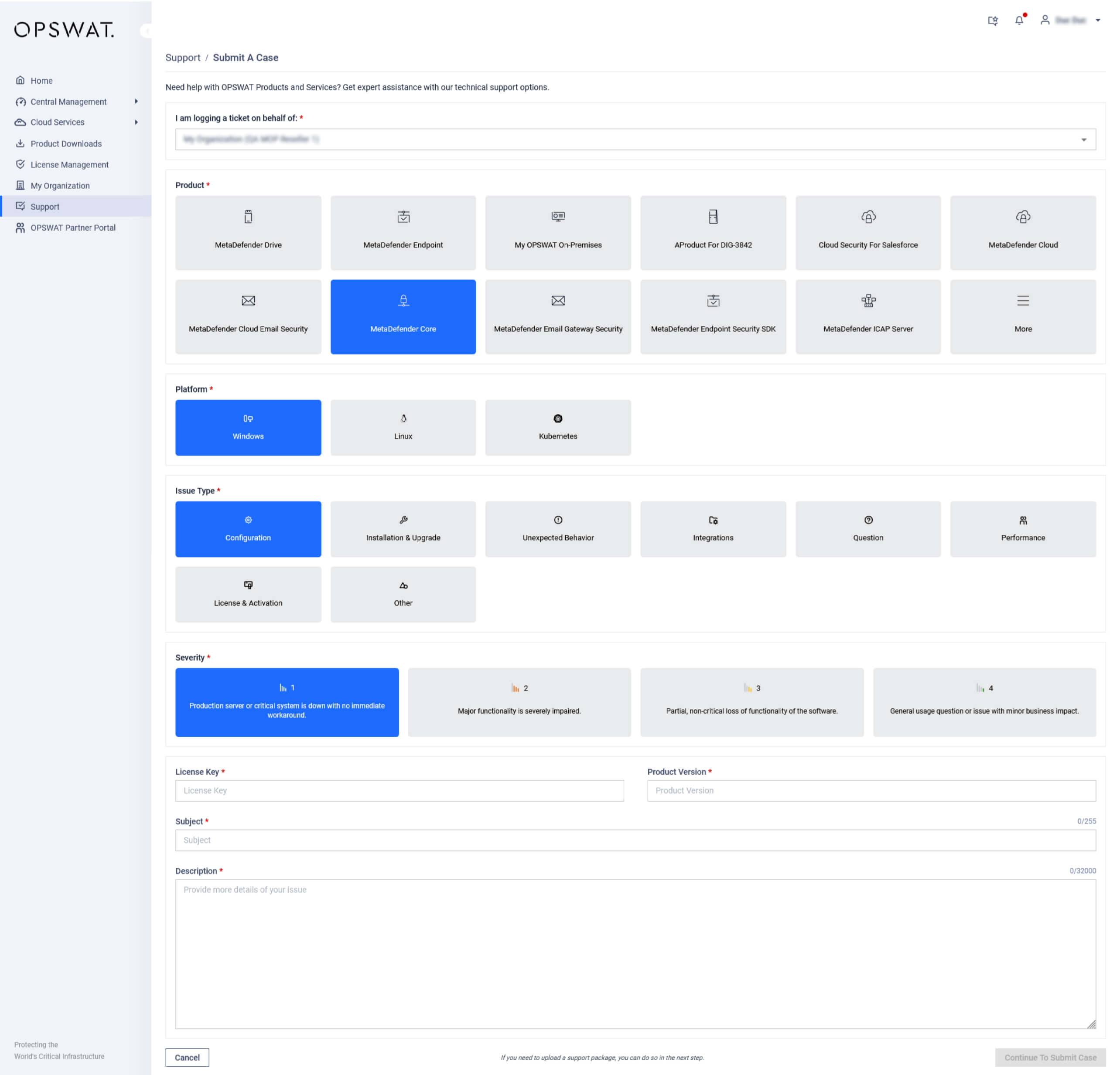 Detailliertes Formular zur Auswahl von Produkt, Plattform, Problemtyp und Schweregrad sowie zur Angabe von Details zum Fall