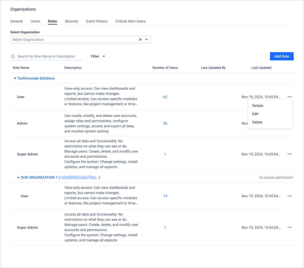 Rollenmanagement-Schnittstelle mit Rollen für Benutzer, Admins und Superadmins, mit Berechtigungen und Aktualisierungshistorie