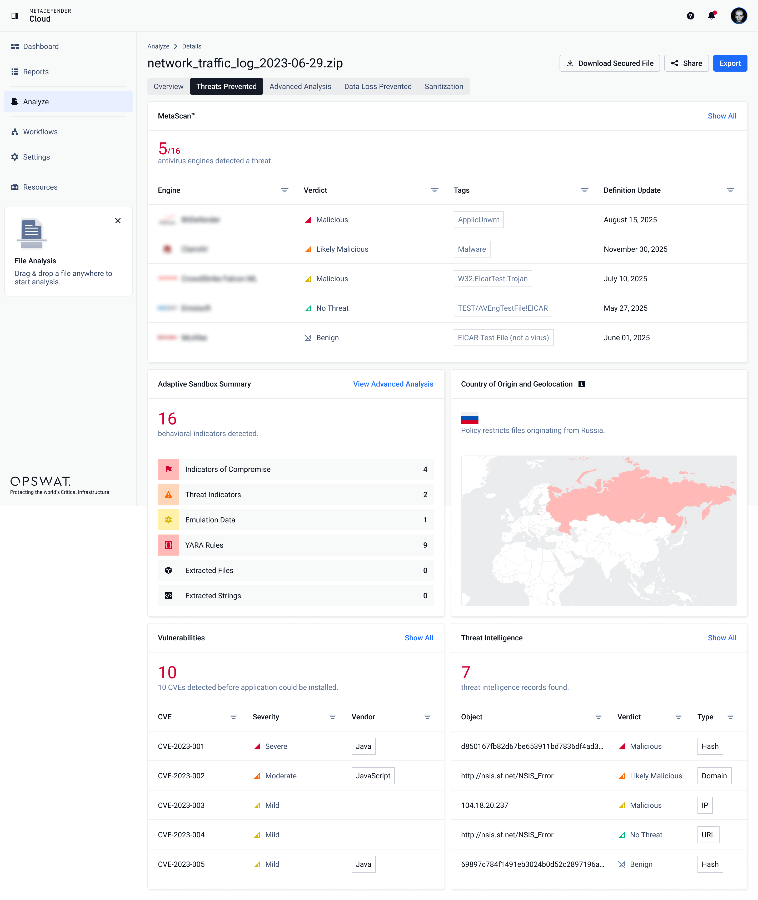 MetaDefender Cloud dashboard update showing threat prevention, vulnerabilities, and geolocation features for cloud security