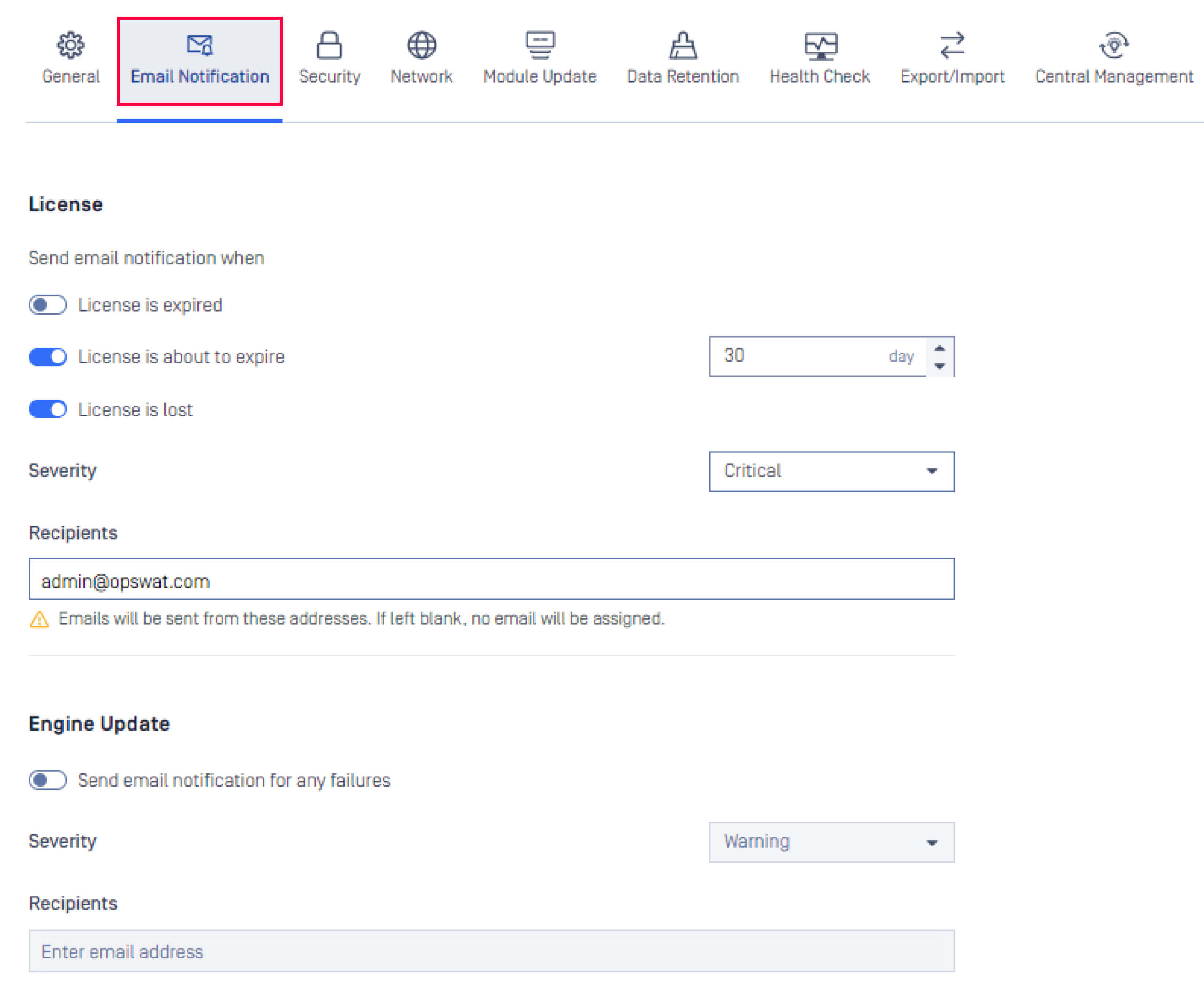 用於許可證過期和引擎更新警報的電子郵件通知設定畫面MetaDefender Core