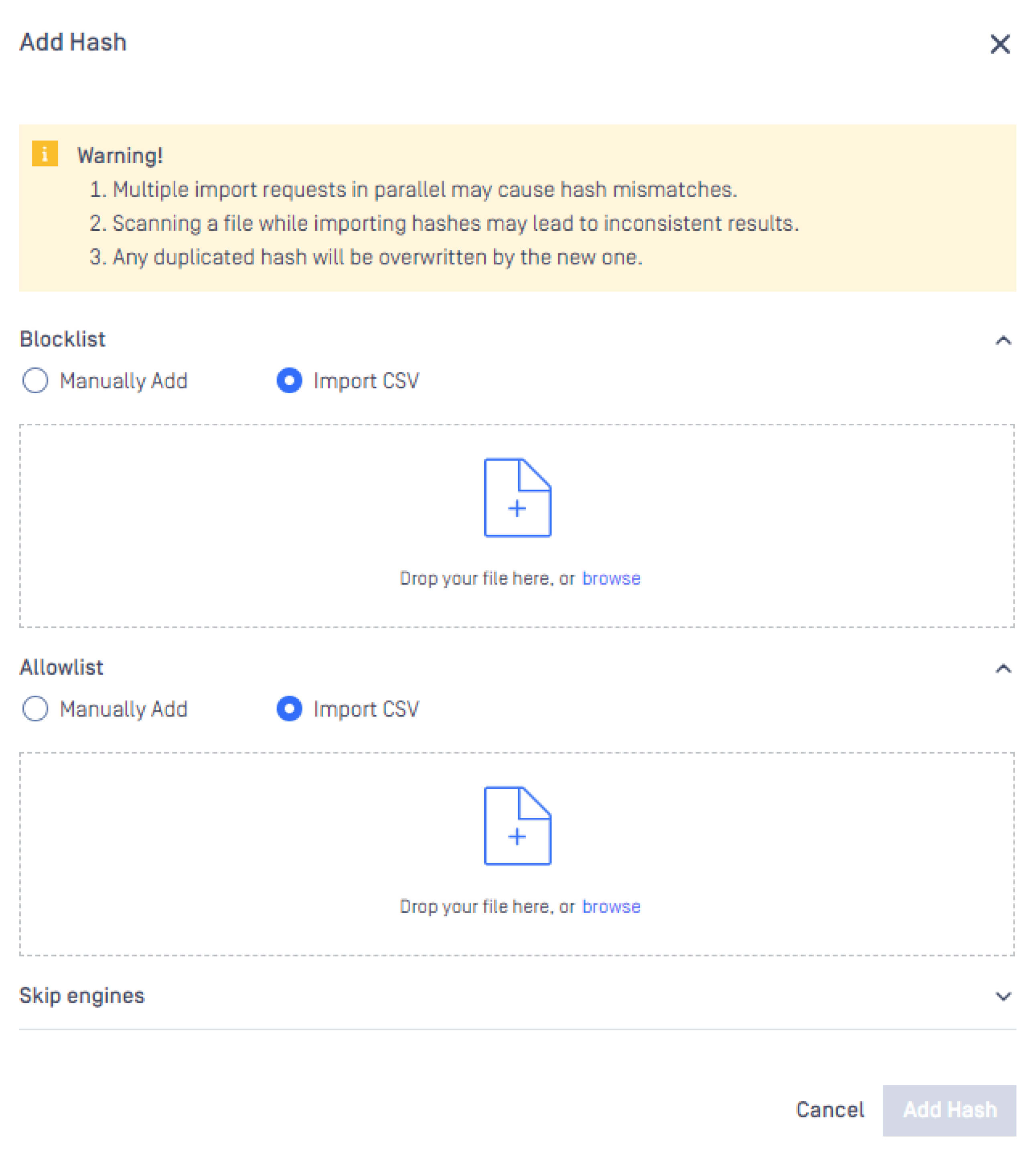 用於添加哈希檔案的配置選項,並帶有有關潛在不匹配的警告MetaDefender Core