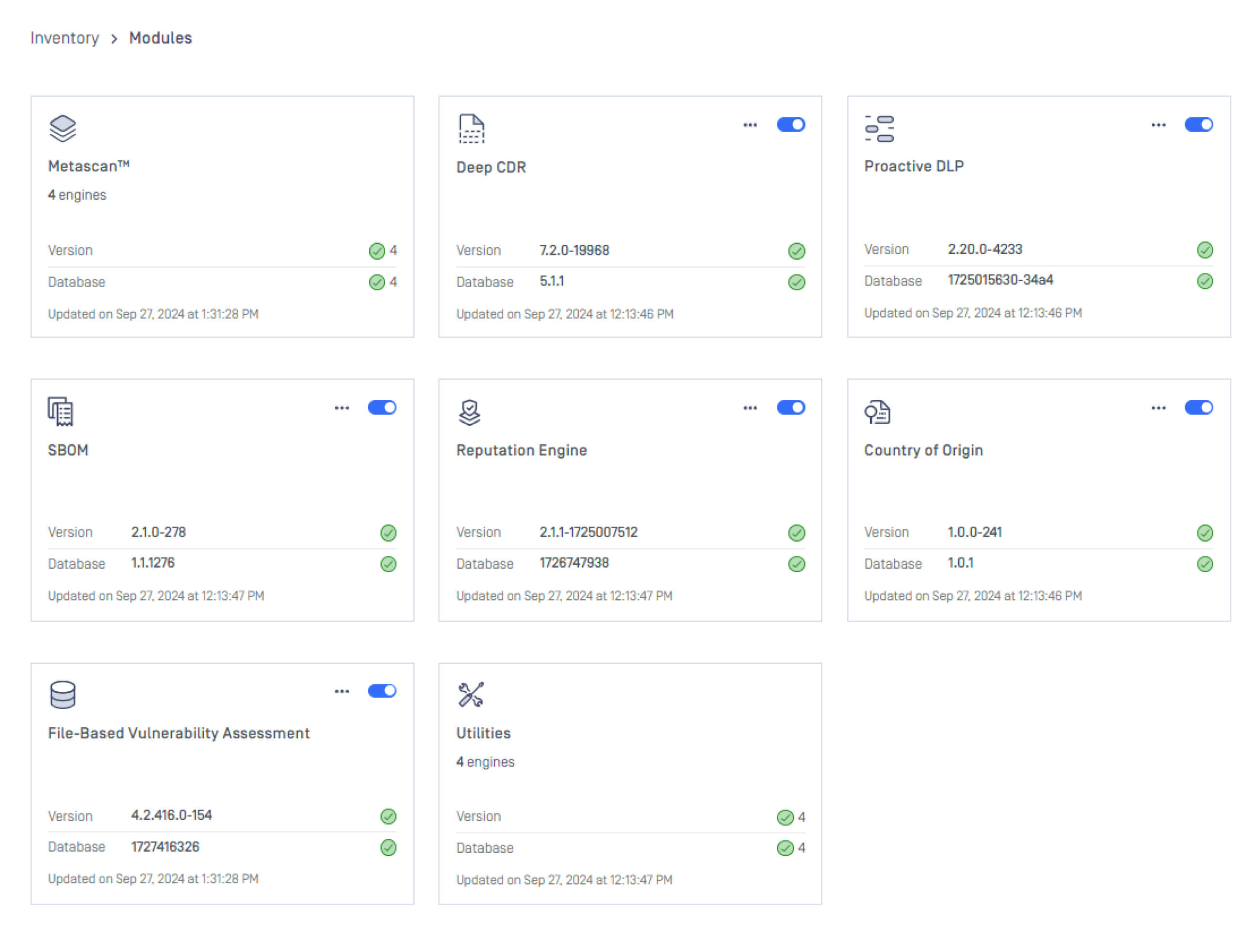 模組清單畫面顯示了各種MetaDefender Core 例如 Metascan、Deep CDR™ 技術以及Proactive DLP