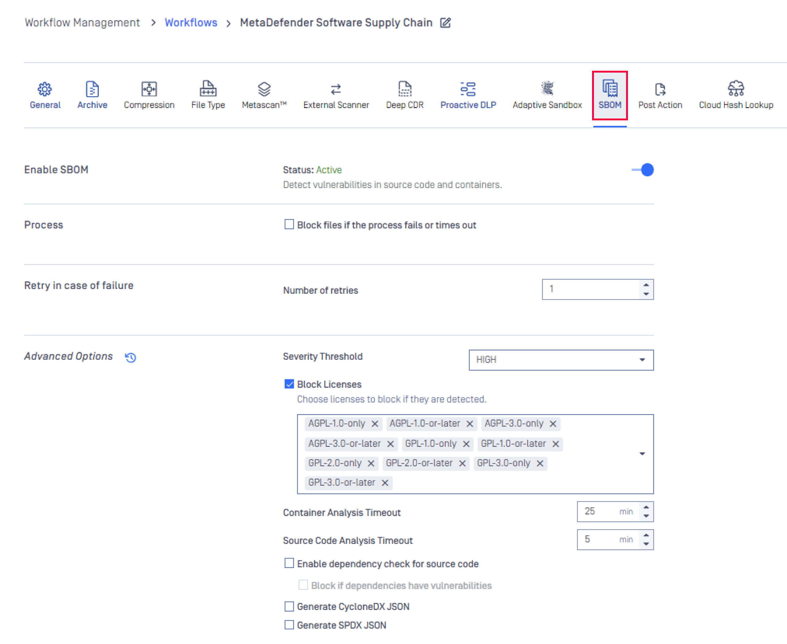 Software Bill of Materials (SBOM) 設定介面,用於OPSWAT 的MetaDefender 供應鏈工作流程中的vulnerability detection
