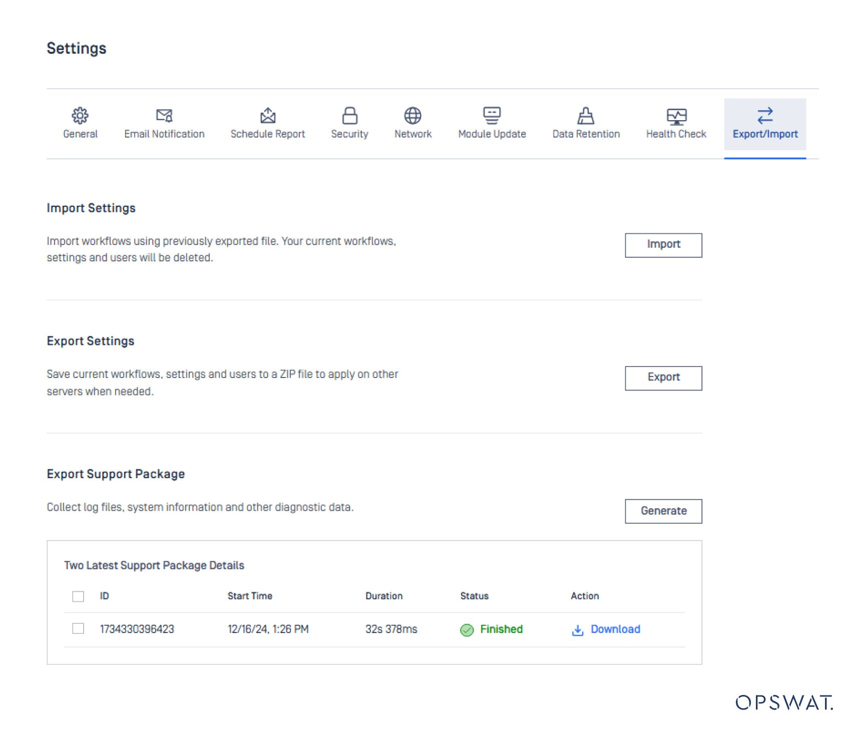 Einstellungsseite mit Optionen für den Import/Export von Arbeitsabläufen und die Erstellung von Support Packages in OPSWAT