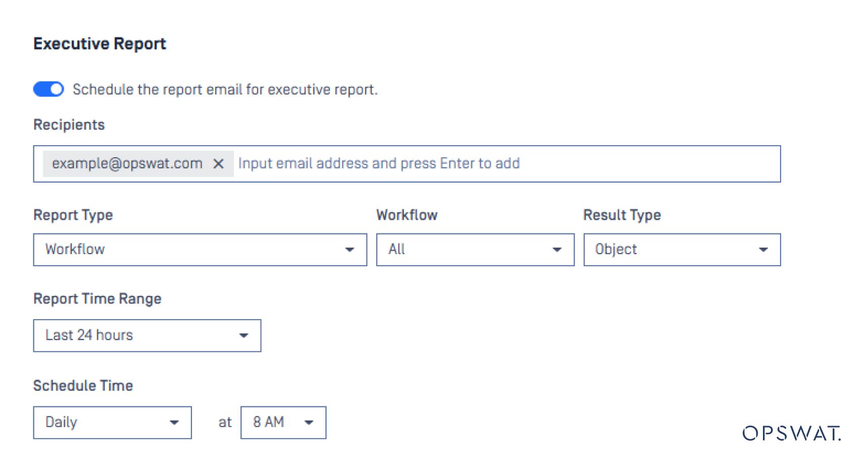 Schnittstelle für die Planung von Berichten, die es den Benutzern ermöglicht, Berichtstyp, Zeitbereich und Empfänger zu konfigurieren