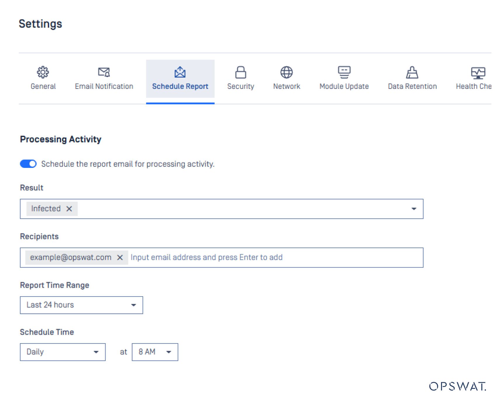 Einstellungen für die Berichtsplanung zur Verarbeitung von Aktivitäten, einschließlich Ergebnisfilter und Empfängeroptionen