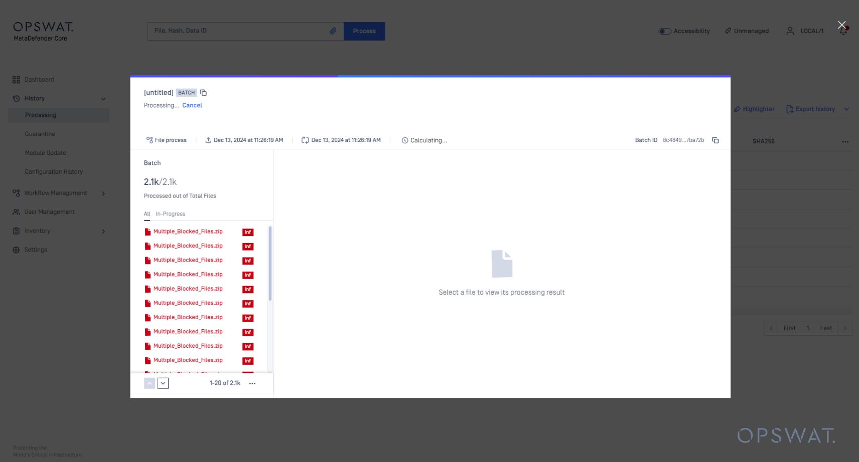 Schnittstelle für die Dateiverarbeitung, die die Analyse von Stapeldateien mit dem Status von gesperrten und zugelassenen Dateien anzeigt