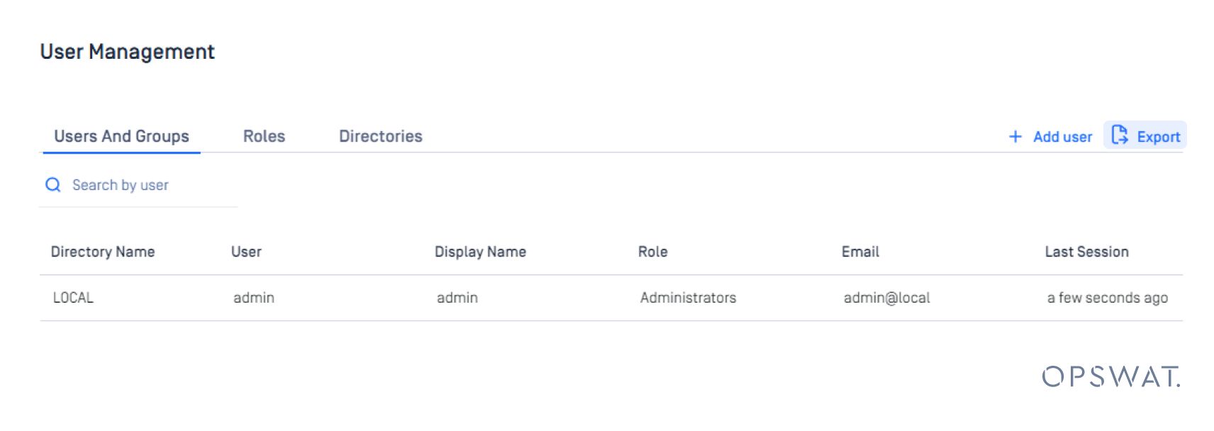 Benutzerverwaltungstabelle, die Benutzer, Rollen und Sitzungsdetails für die Systemverwaltung auflistet