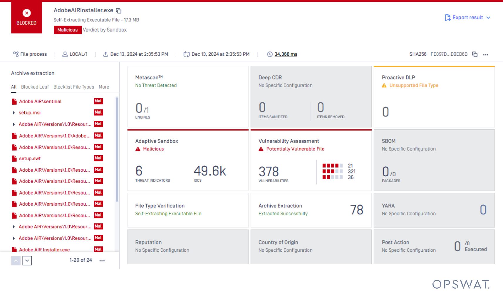 Detaillierte Dateianalyseansicht mit Erkennung von Bedrohungen, Schwachstellenbewertung und Überprüfung des Dateityps