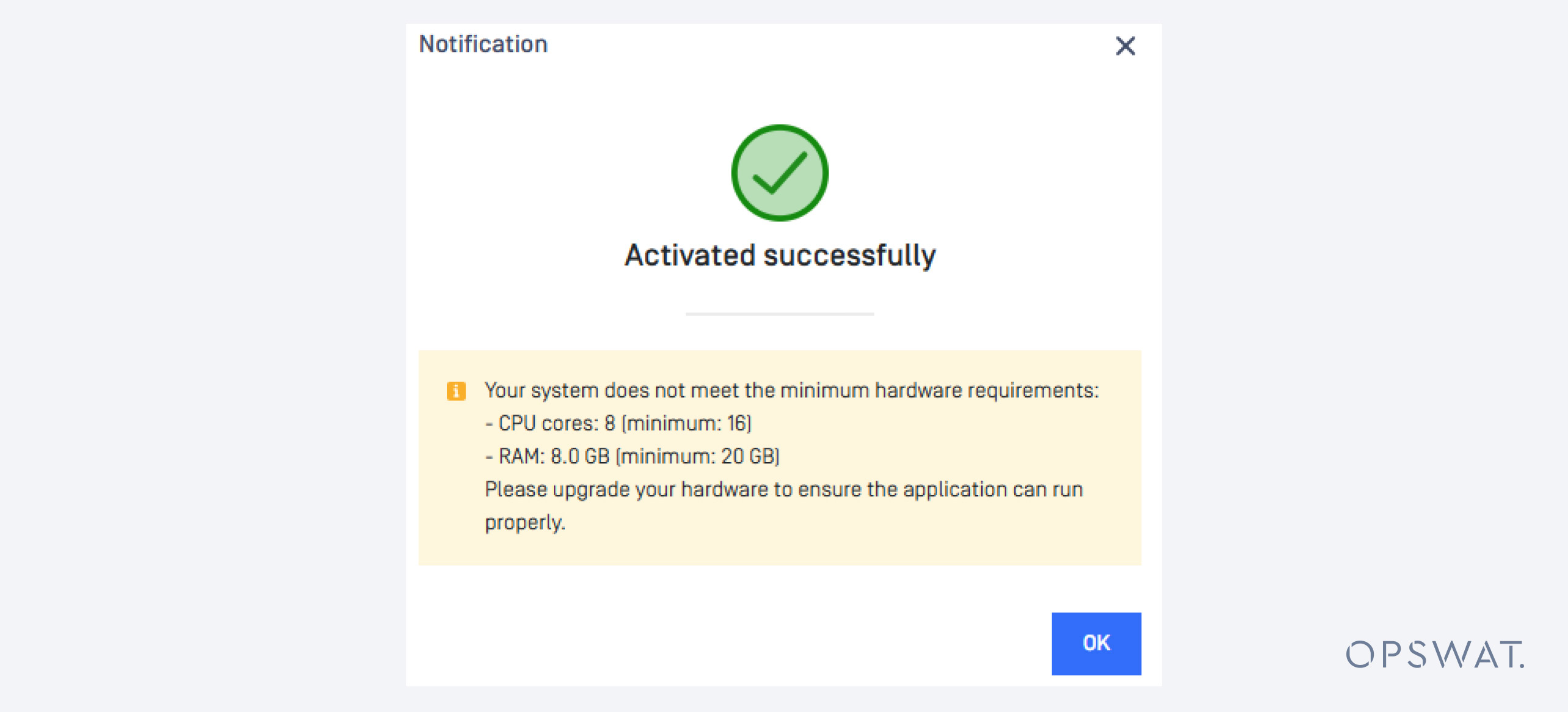 MetaDefender Core v5.15.0 Aktivierungswarnung: System erfüllt nicht die Mindestanforderungen an CPU und RAM
