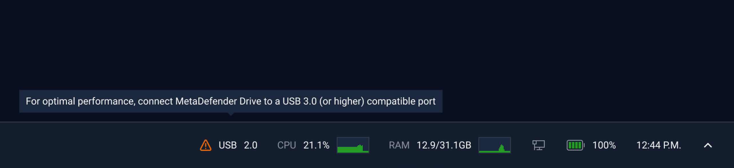 MetaDefender Drive v4.3.2 shows USB 2.0 warning, recommends USB 3.0 for optimal performance in status bar
