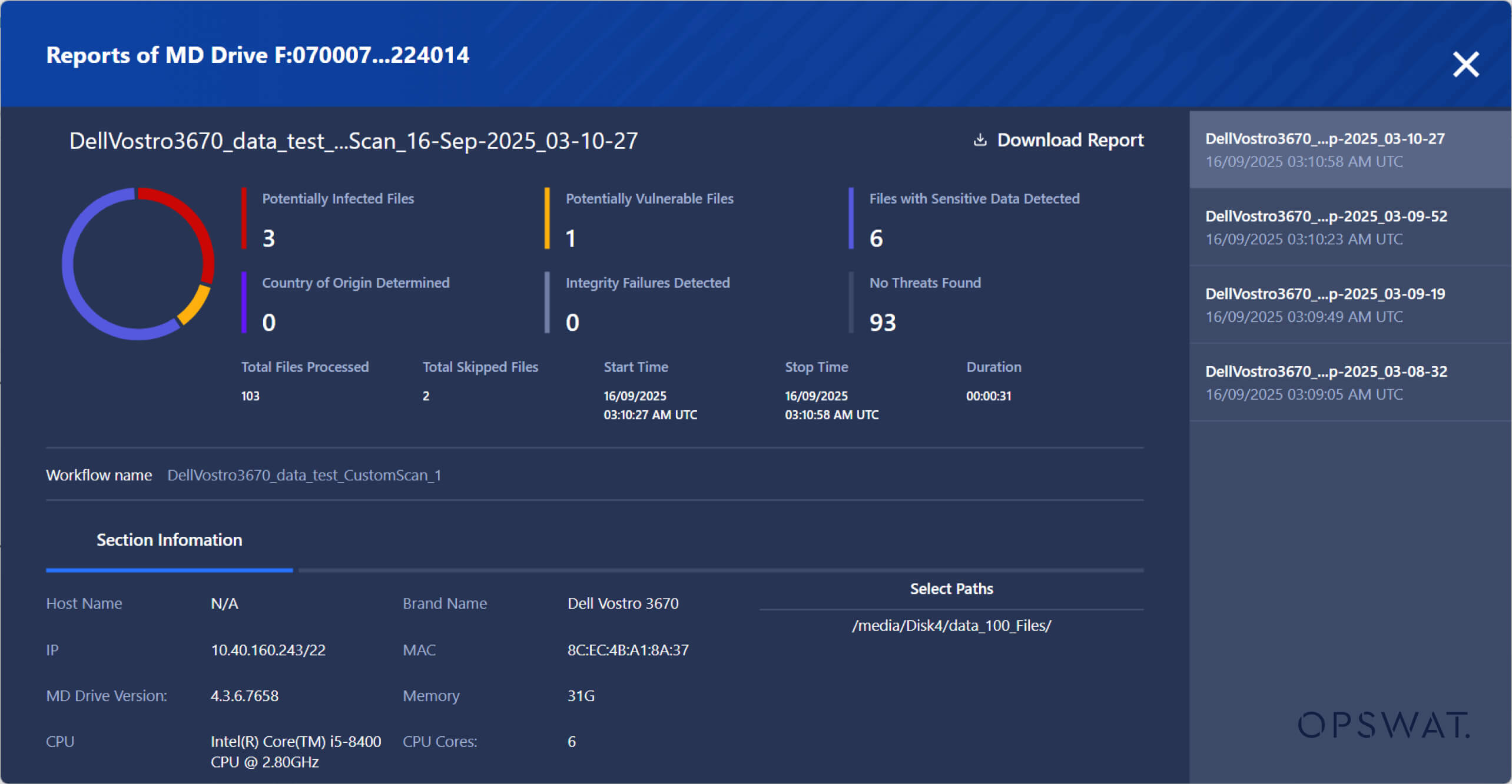 MetaDefender Drive v4.3.6 dashboard showing portable media scanning results, file status, and system details