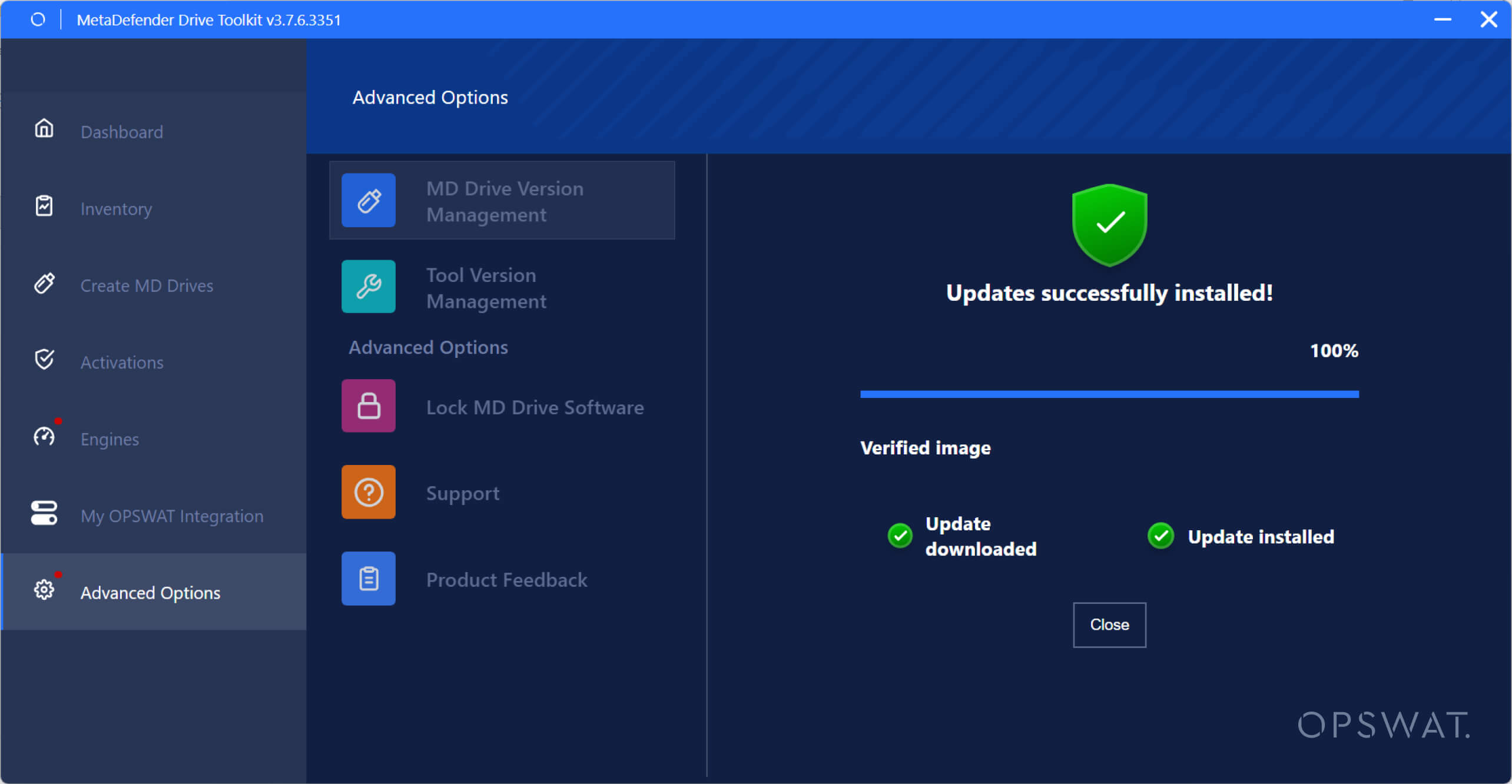 MetaDefender Drive v4.3.6 update screen showing successful portable media scanning and clearer device information