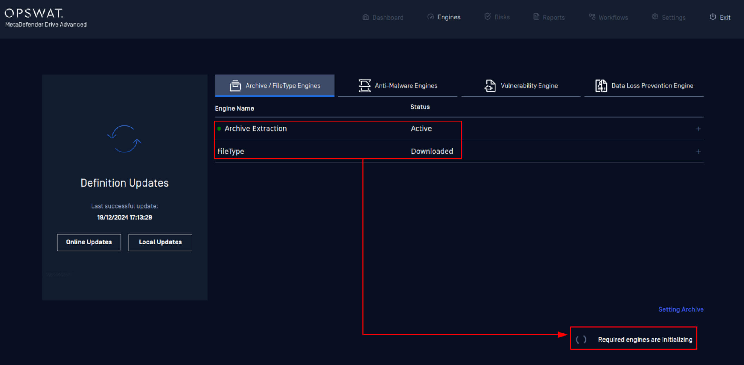 アーカイブ抽出(Active)やFileType(Downloaded)などのエンジンのステータスをインターフェイスに表示。