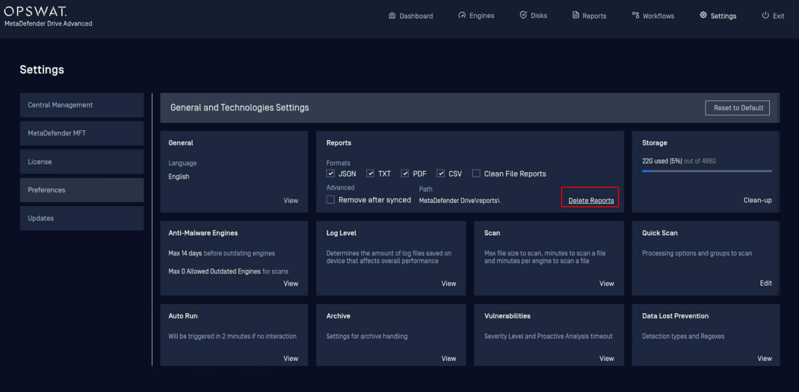 設定 → 環境設定にあり、パフォーマンスを最適化するために保存されたレポートを削除することができます。
