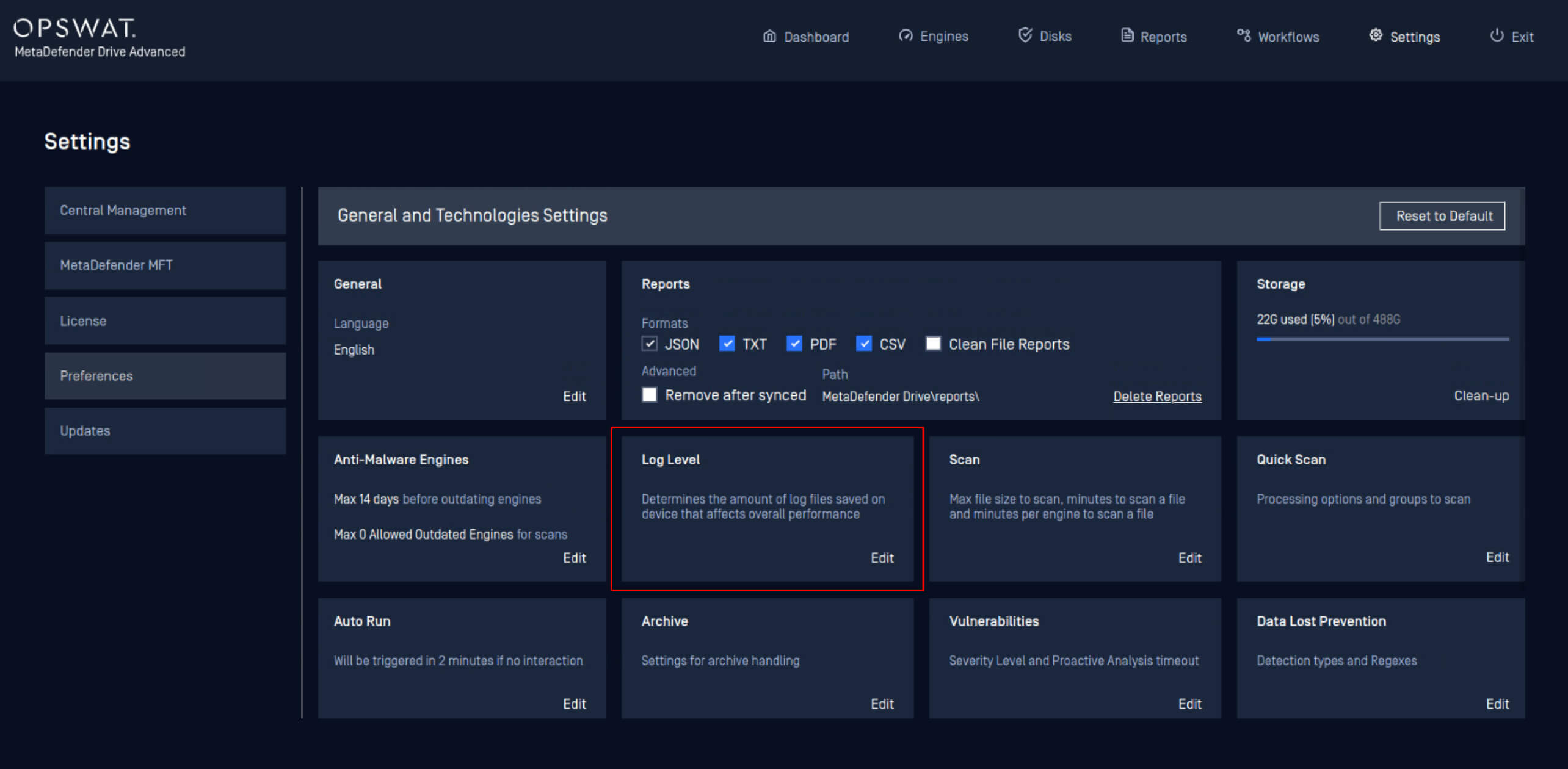 ディスクスペースの最適化のために保存されるログの量を管理するログレベル機能をハイライトします。