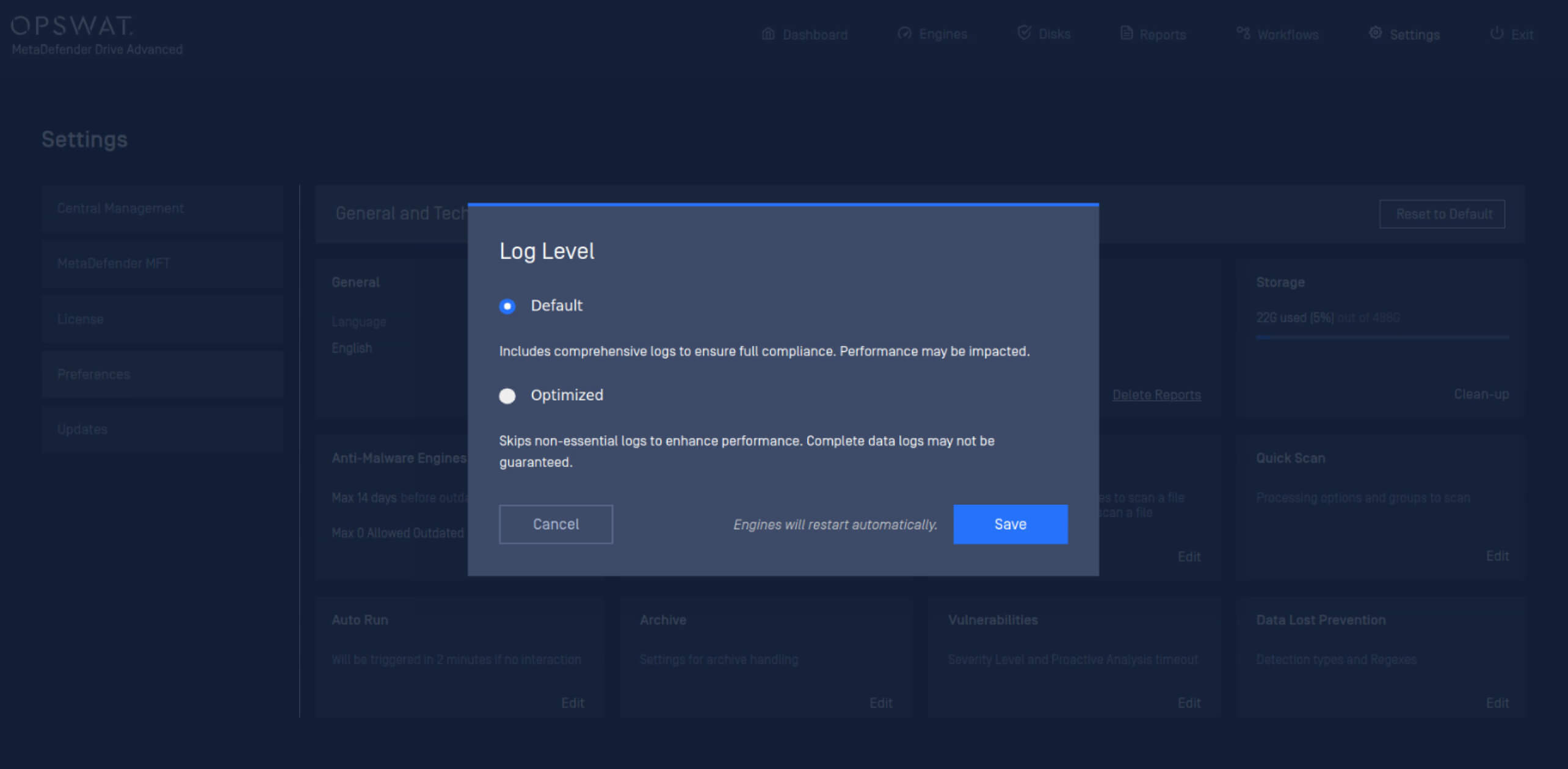 完全なコンプライアンスを実現する「デフォルト」と、不要なログをスキップする「最適化」を選択可能