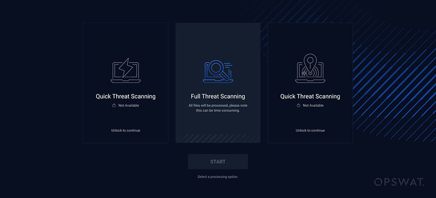 لقطة شاشة توضّح واجهة MetaDefender Drive المقفلة، وتقييد تغييرات تكوين الفحص لتعزيز الأمان